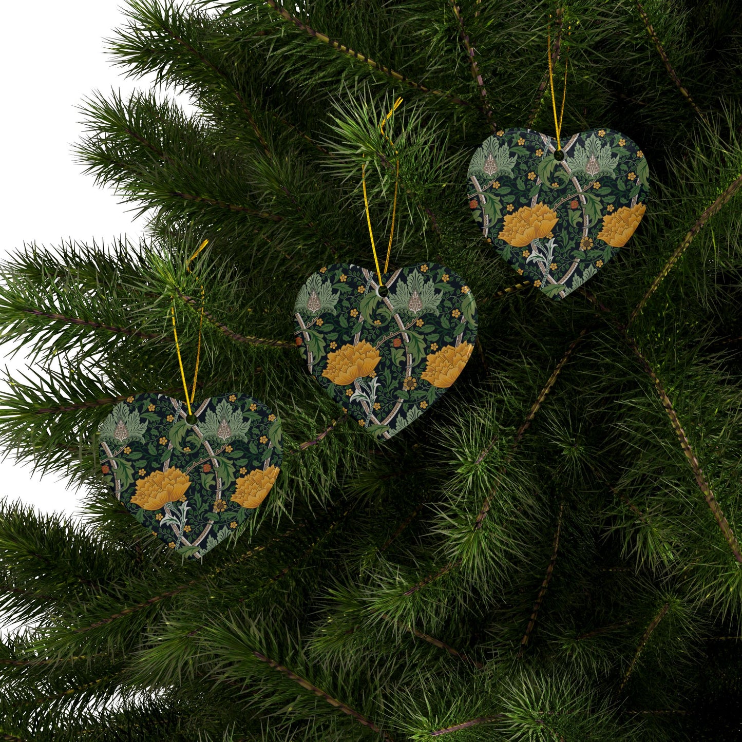 Ceramic Christmas Ornaments inspired by William Morris - Chrysanthemum Collection (Yellow) - Double Sided Print: 1pc, 3pcs, 5pcs, 10pcs