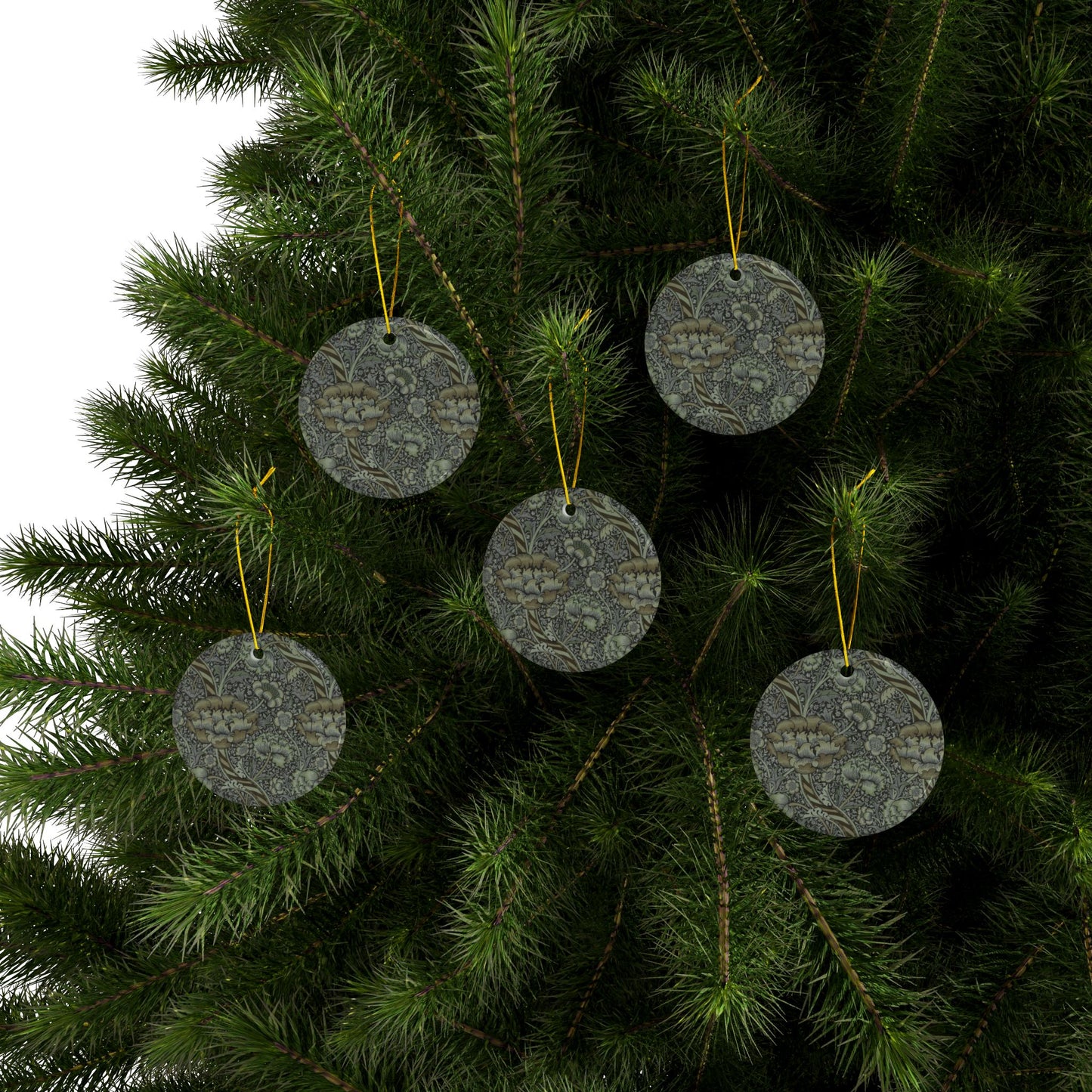Ceramic Christmas Ornaments inspired by William Morris - Wandle Collection (Grey) - Double Sided Print: 1pc, 3pcs, 5pcs, 10pcs