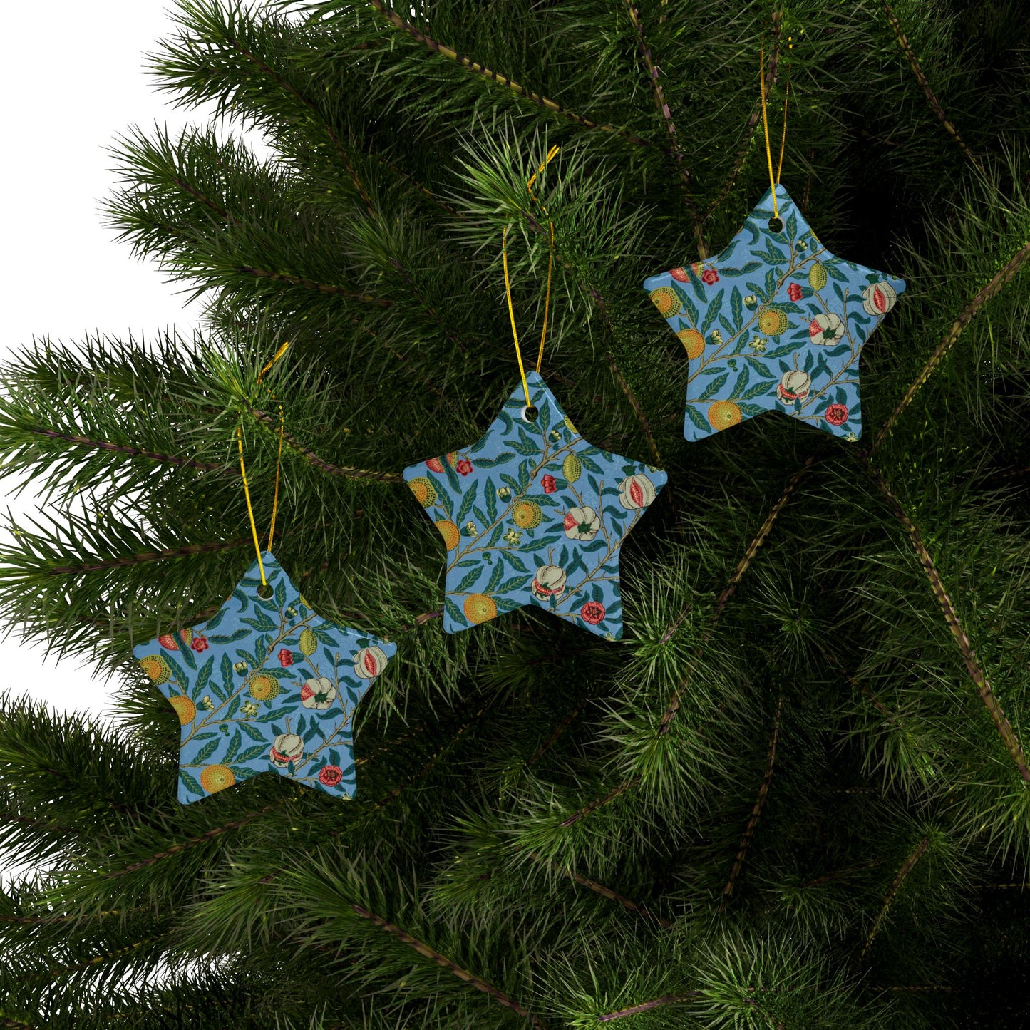 Ceramic Christmas Ornaments inspired by William Morris - Four Fruits Collection (Sky) - Double Sided Print: 1pc, 3pcs, 5pcs, 10pcs
