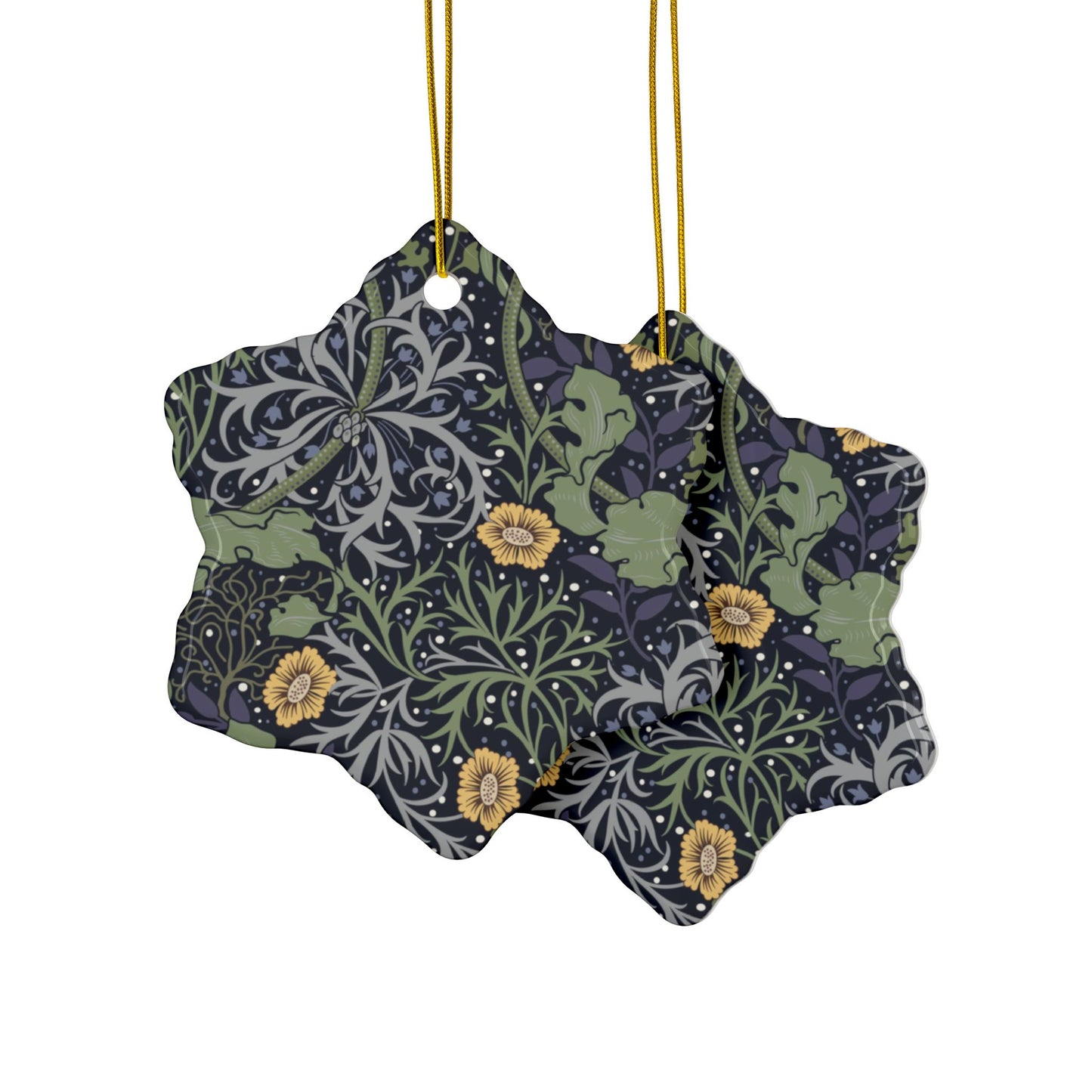 Ceramic Christmas Ornaments inspired by William Morris - Seaweed Collection (Yellow Flower) - Double Sided Print: 1pc, 3pcs, 5pcs, 10pcs