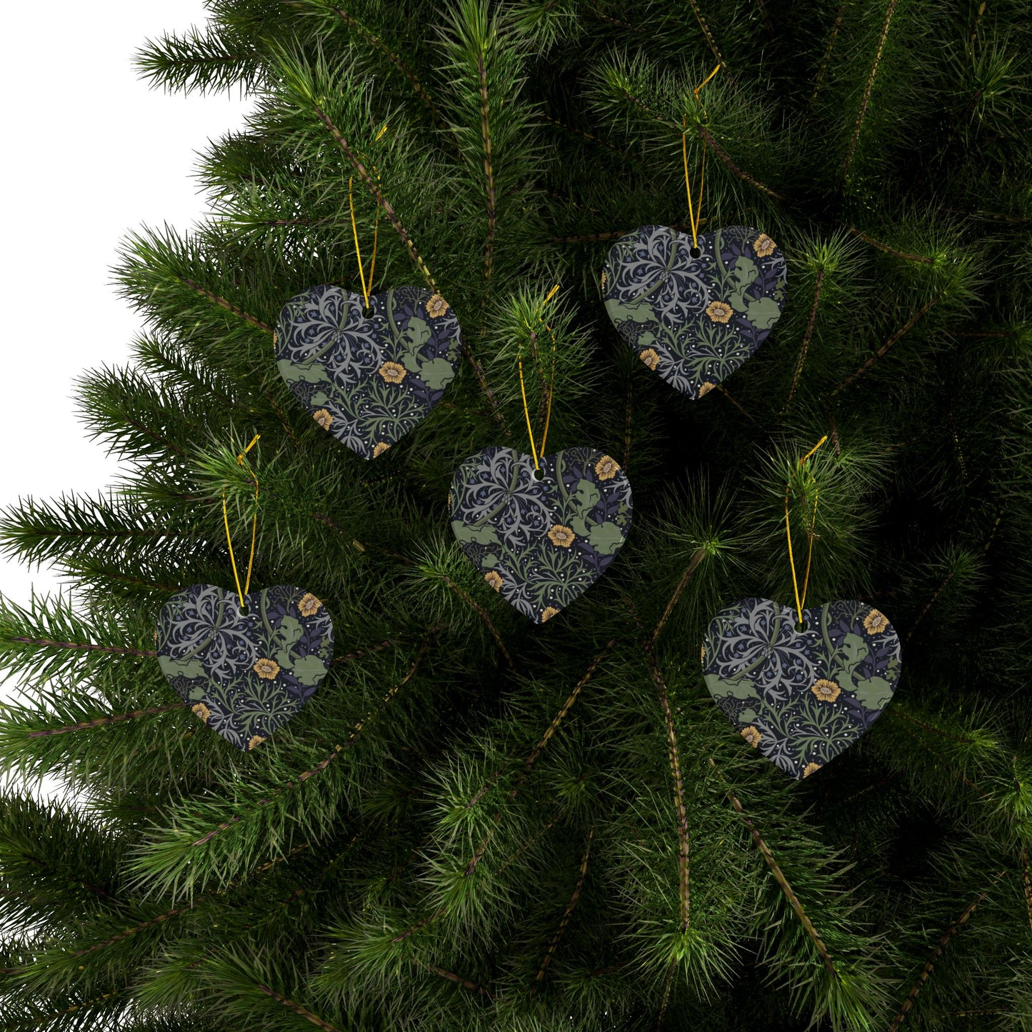 Ceramic Christmas Ornaments inspired by William Morris - Seaweed Collection (Yellow Flower) - Double Sided Print: 1pc, 3pcs, 5pcs, 10pcs