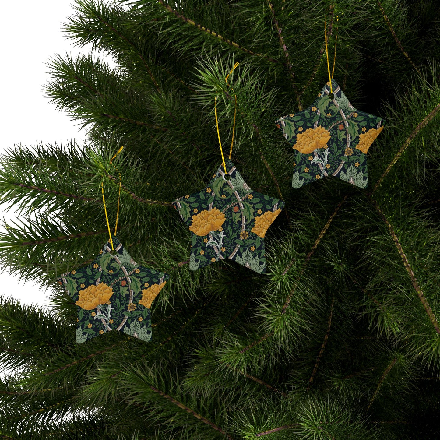 Ceramic Christmas Ornaments inspired by William Morris - Chrysanthemum Collection (Yellow) - Double Sided Print: 1pc, 3pcs, 5pcs, 10pcs