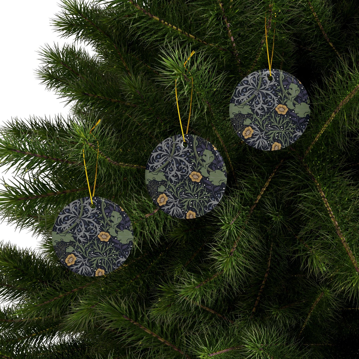 Ceramic Christmas Ornaments inspired by William Morris - Seaweed Collection (Yellow Flower) - Double Sided Print: 1pc, 3pcs, 5pcs, 10pcs