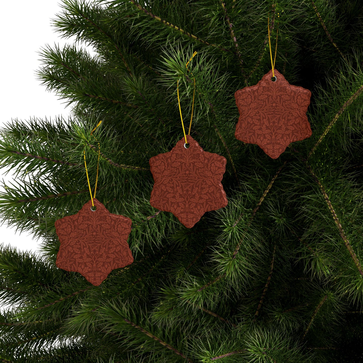 Ceramic Christmas Ornaments inspired by William Morris - Acorn & Oak Leaves (Rust) Collection - Double Sided Print: 1pc, 3pcs, 5pcs, 10pcs