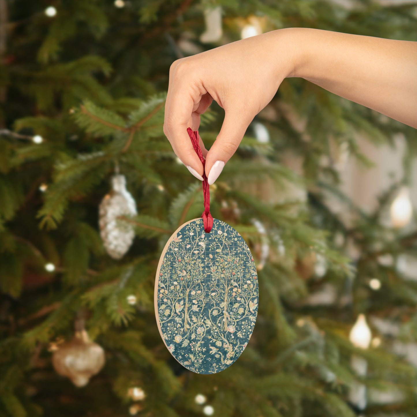 Wooden Christmas Ornaments inspired by William Morris - Melsetter Collection (Evergreen Teal)