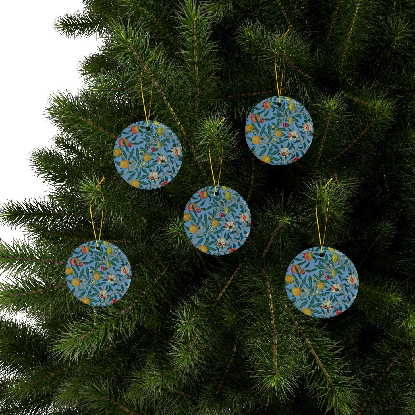 Ceramic Christmas Ornaments inspired by William Morris - Four Fruits Collection (Sky) - Double Sided Print: 1pc, 3pcs, 5pcs, 10pcs