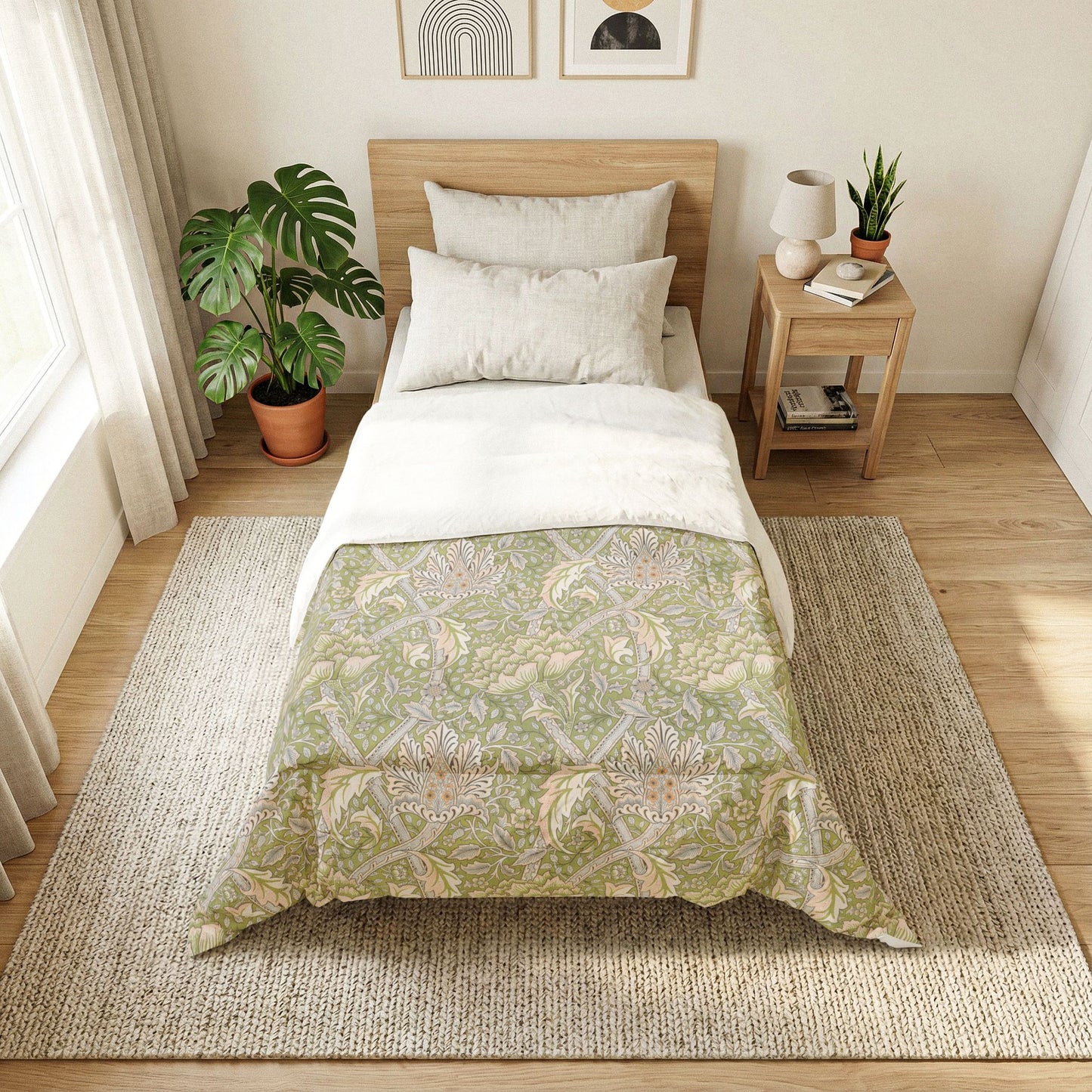 Floral Vine Cotton Comforter — Sage Green Botanical Duvet Cover