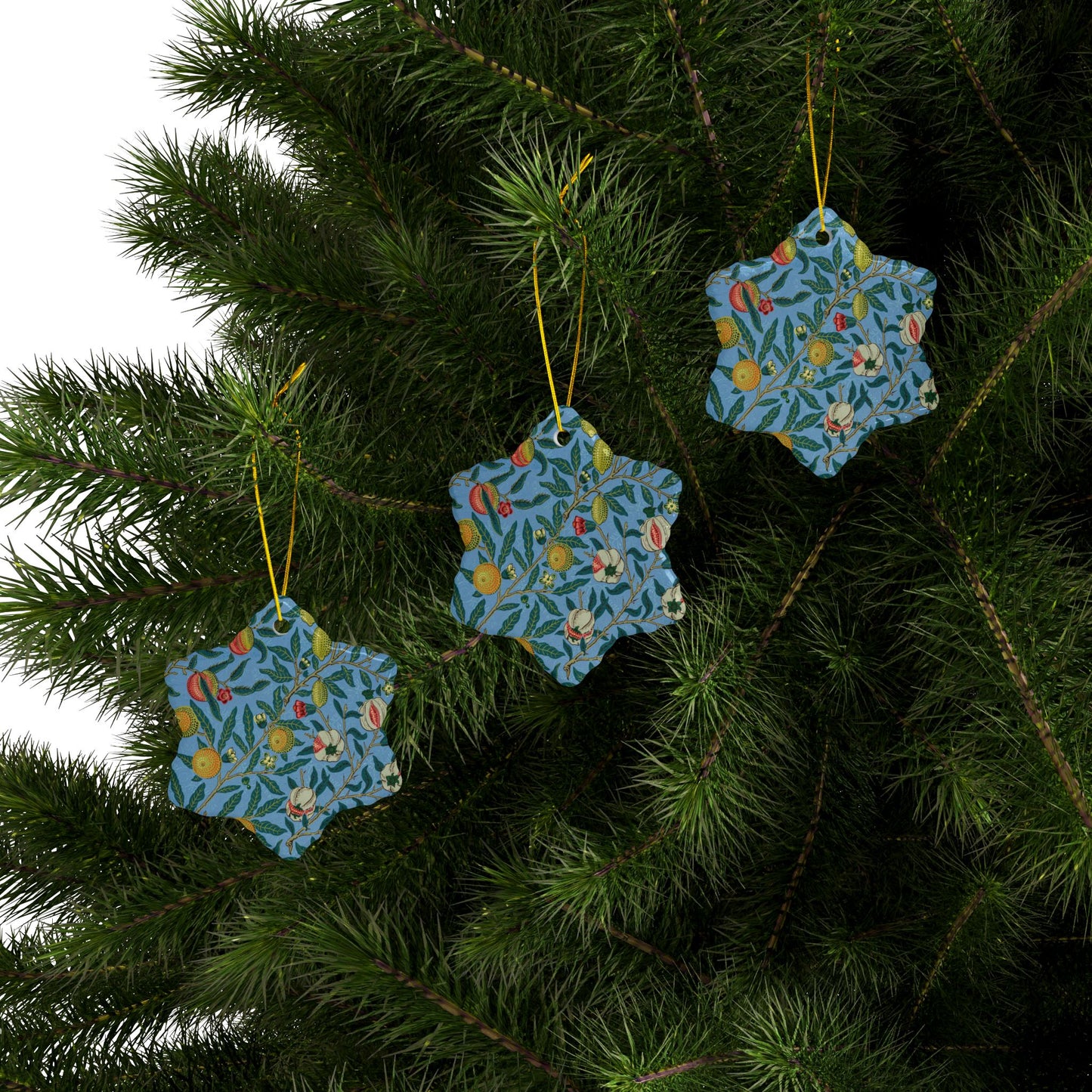 Ceramic Christmas Ornaments inspired by William Morris - Four Fruits Collection (Sky) - Double Sided Print: 1pc, 3pcs, 5pcs, 10pcs