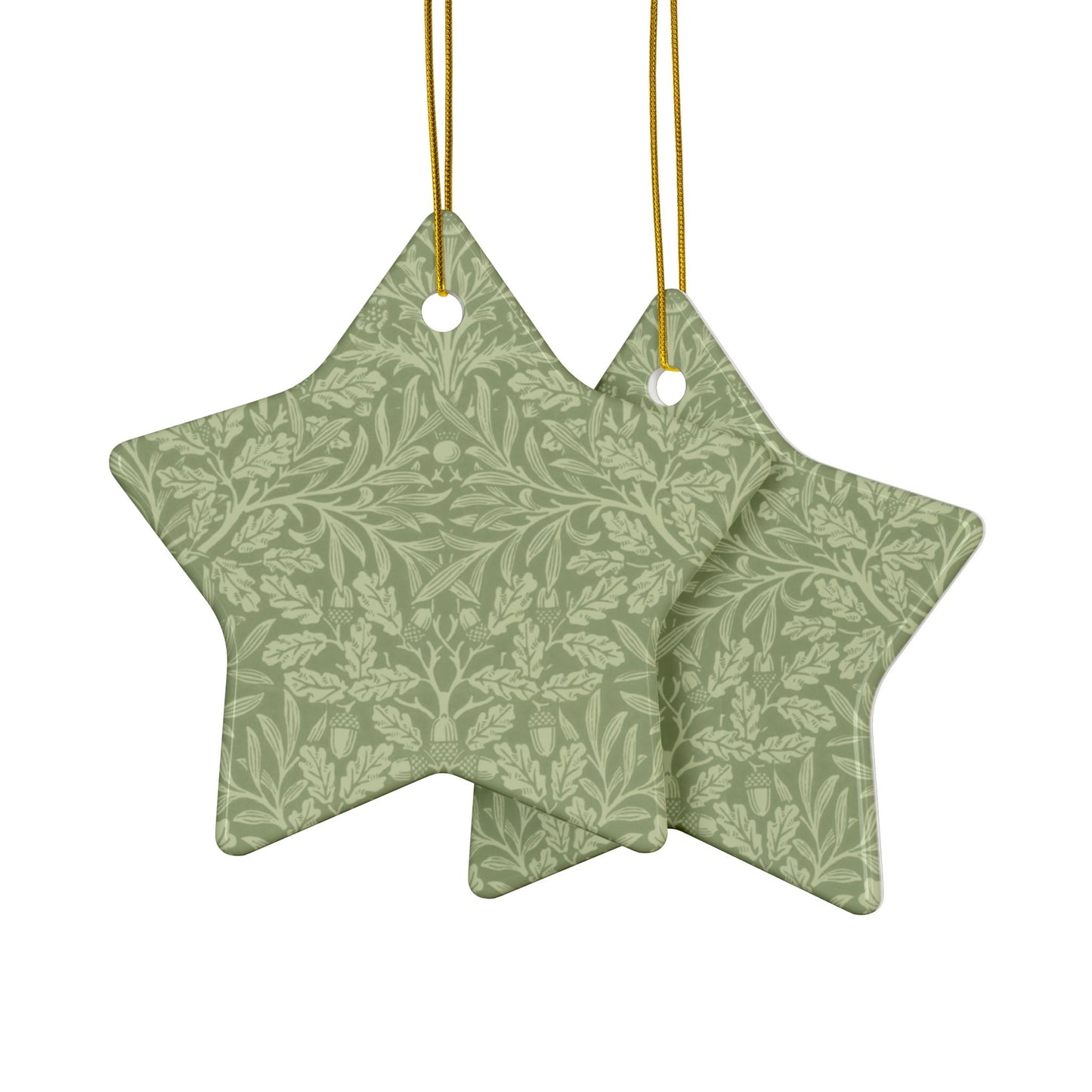 Ceramic Christmas Ornaments inspired by William Morris - Acorn & Oak Leaves (Green) Collection - Double Sided Print: 1pc, 3pcs, 5pcs, 10pcs