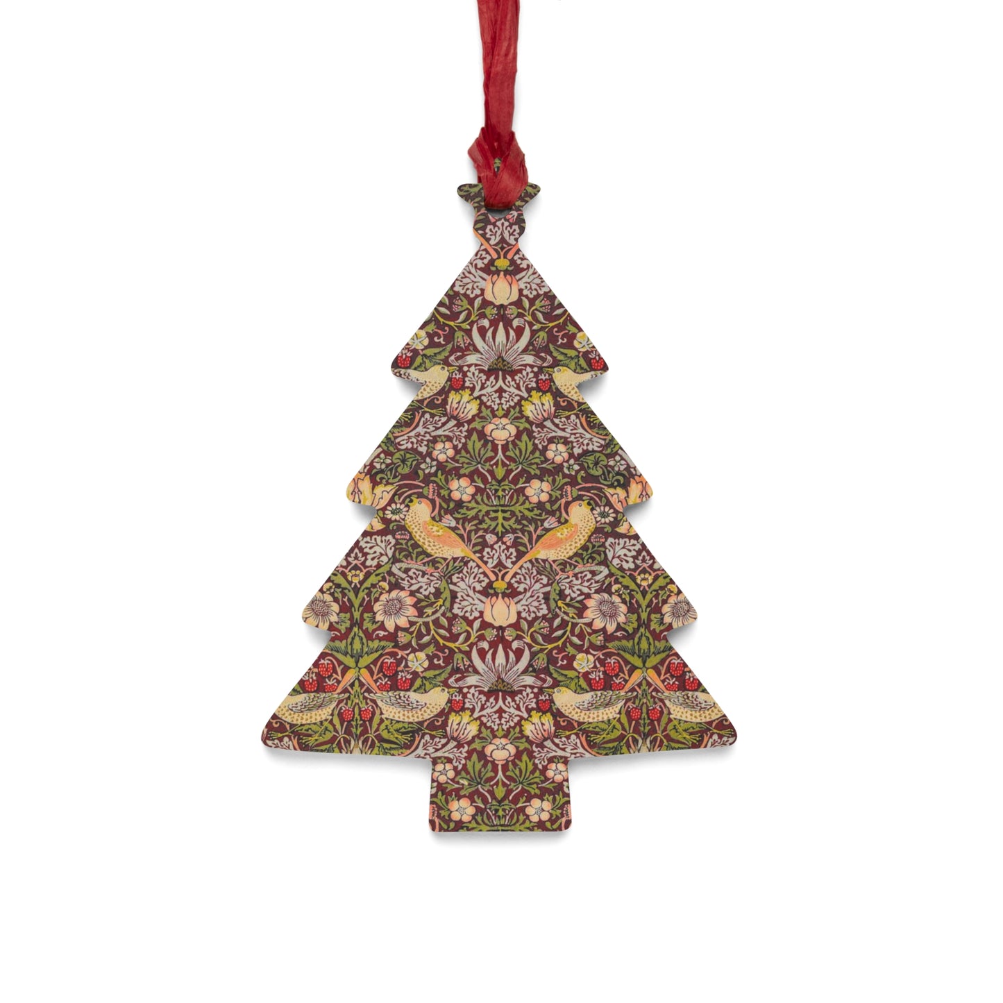 Wooden Christmas Ornaments inspired by William Morris - Strawberry Thief Collection (Crimson)