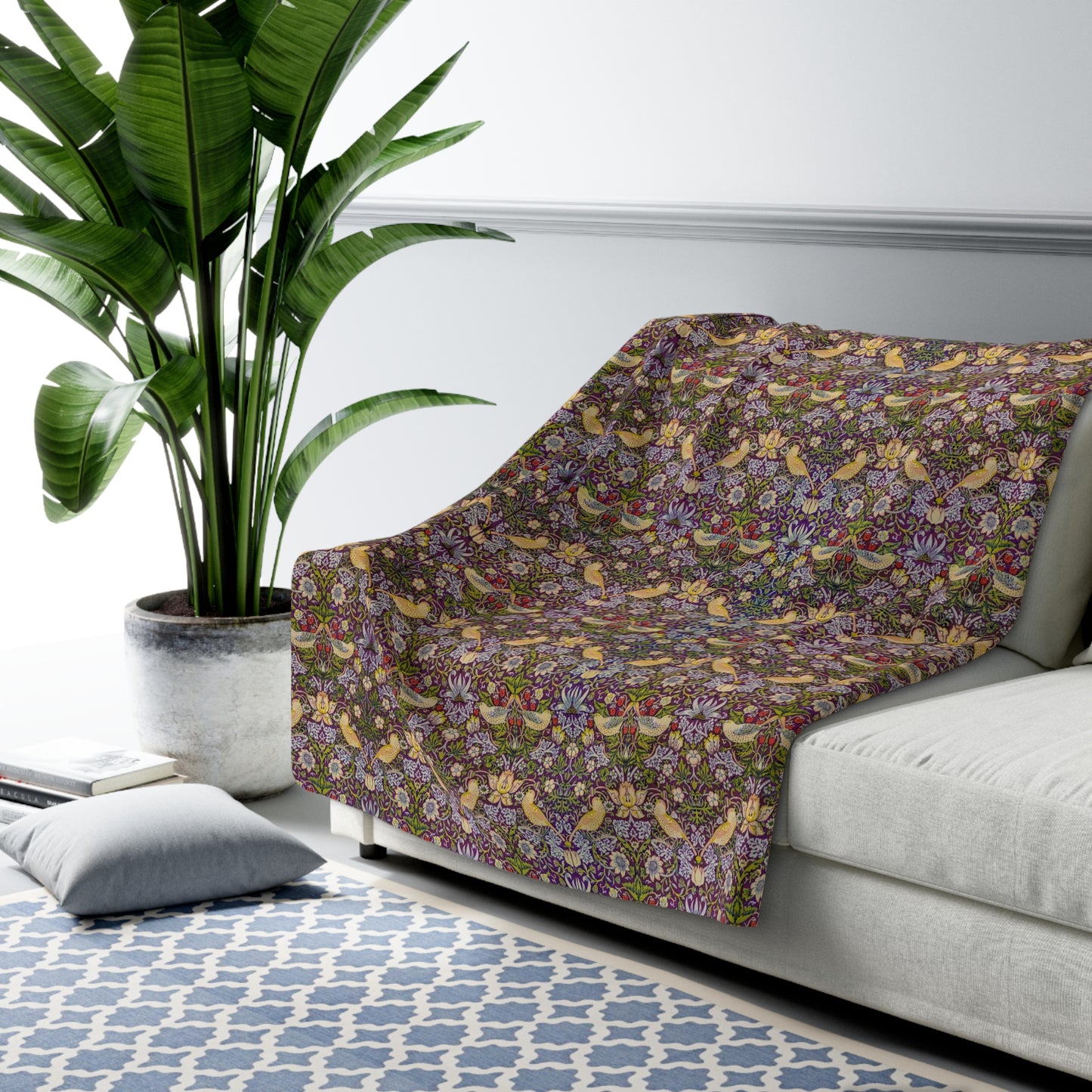 Sherpa Fleece Blanket inspired by William Morris - Strawberry Thief Collection (Damson)