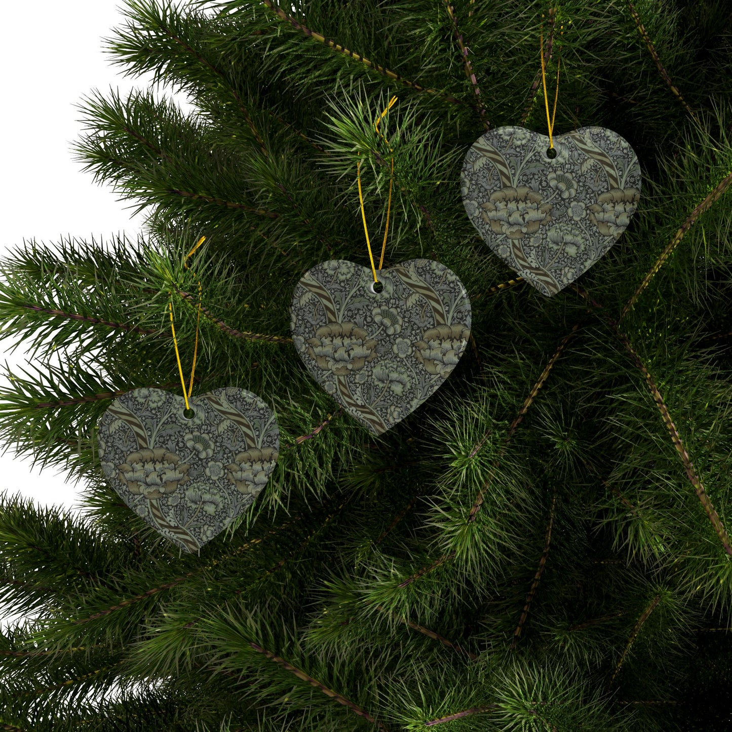 Ceramic Christmas Ornaments inspired by William Morris - Wandle Collection (Grey) - Double Sided Print: 1pc, 3pcs, 5pcs, 10pcs