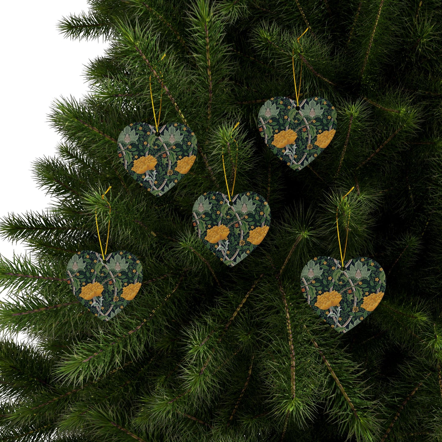 Ceramic Christmas Ornaments inspired by William Morris - Chrysanthemum Collection (Yellow) - Double Sided Print: 1pc, 3pcs, 5pcs, 10pcs