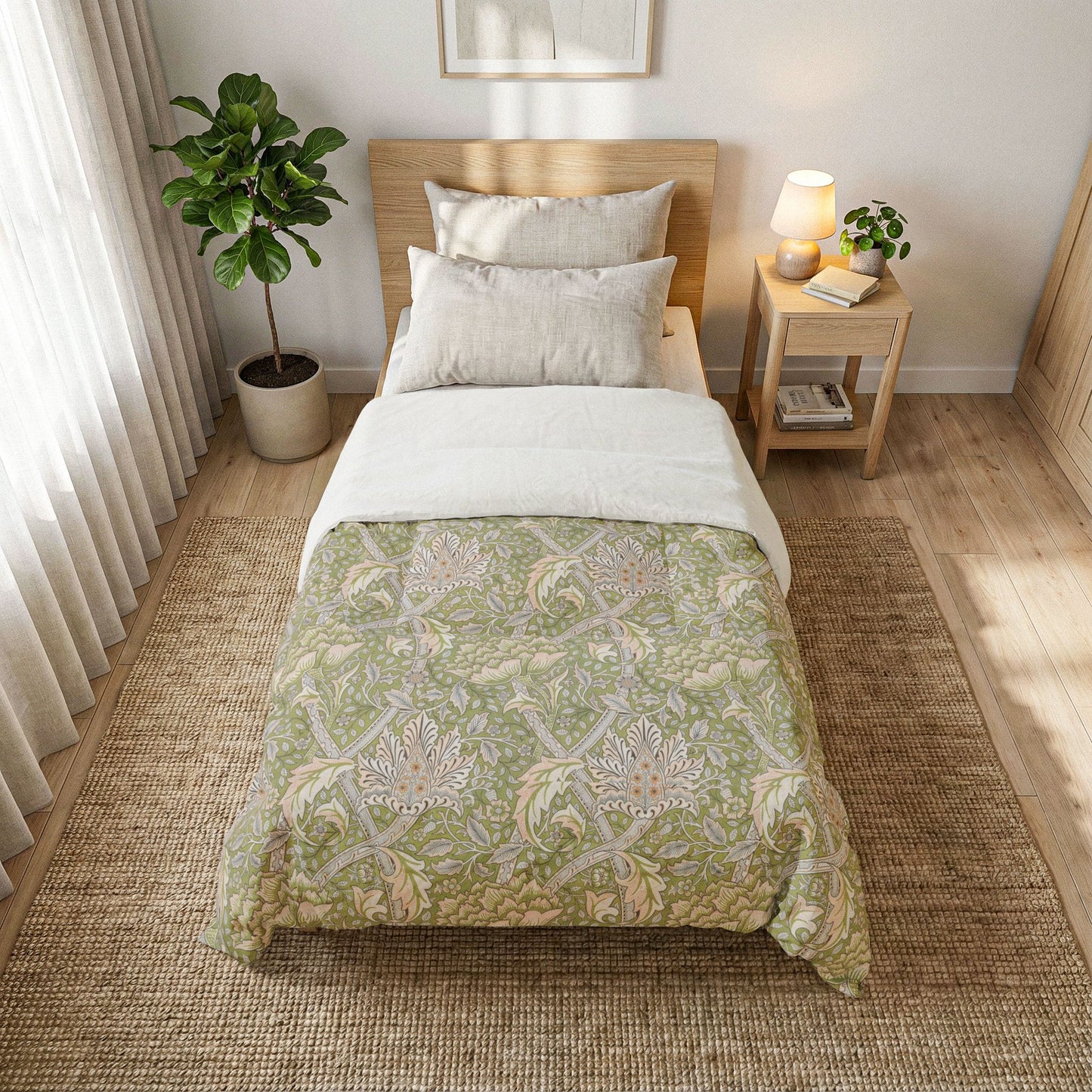 Floral Vine Cotton Comforter — Sage Green Botanical Duvet Cover