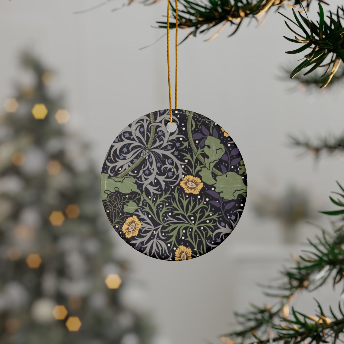 Ceramic Christmas Ornaments inspired by William Morris - Seaweed Collection (Yellow Flower) - Double Sided Print: 1pc, 3pcs, 5pcs, 10pcs