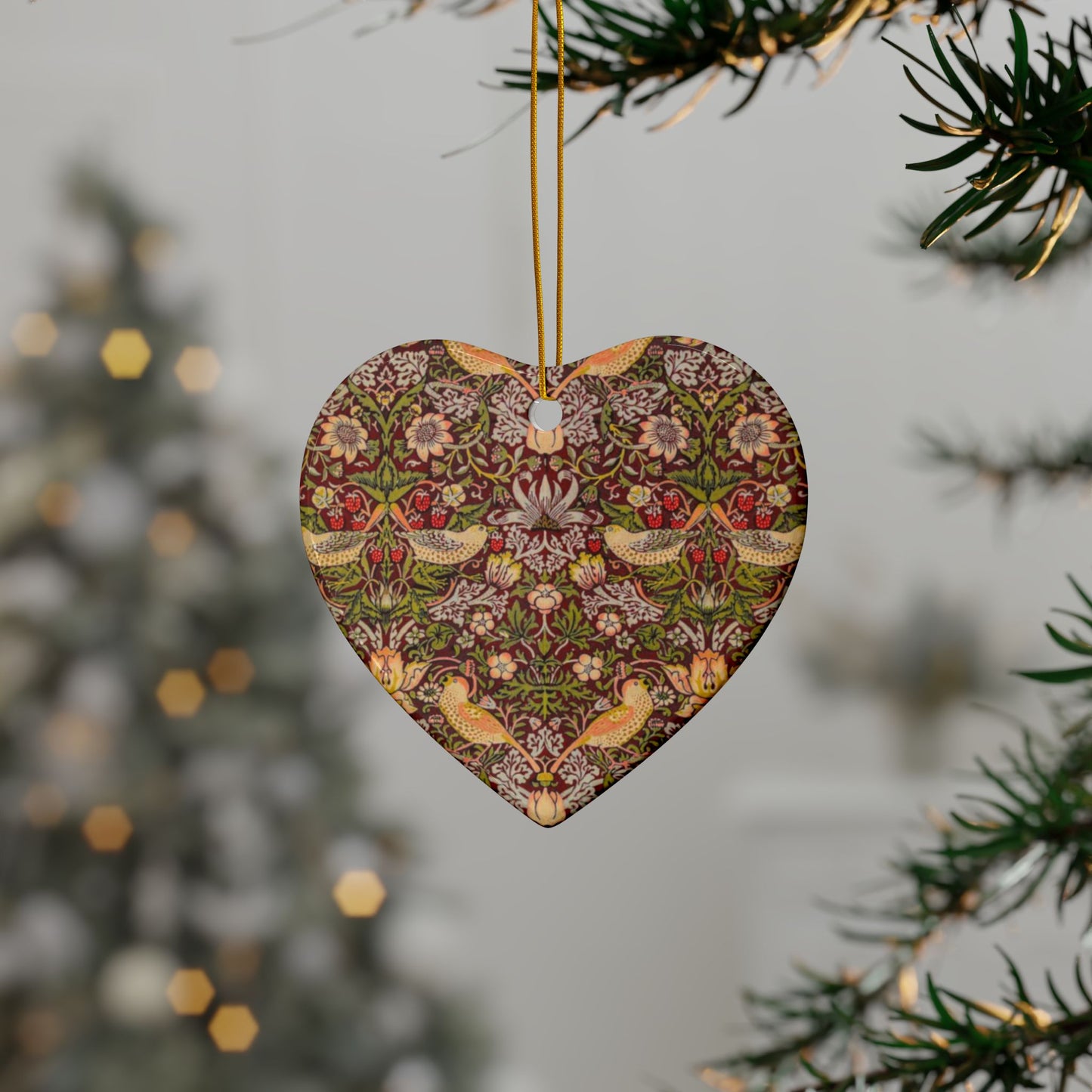 Ceramic Christmas Ornaments inspired by William Morris - Strawberry Thief Collection (Crimson) - Double Sided Print: 1pc, 3pcs, 5pcs, 10pcs