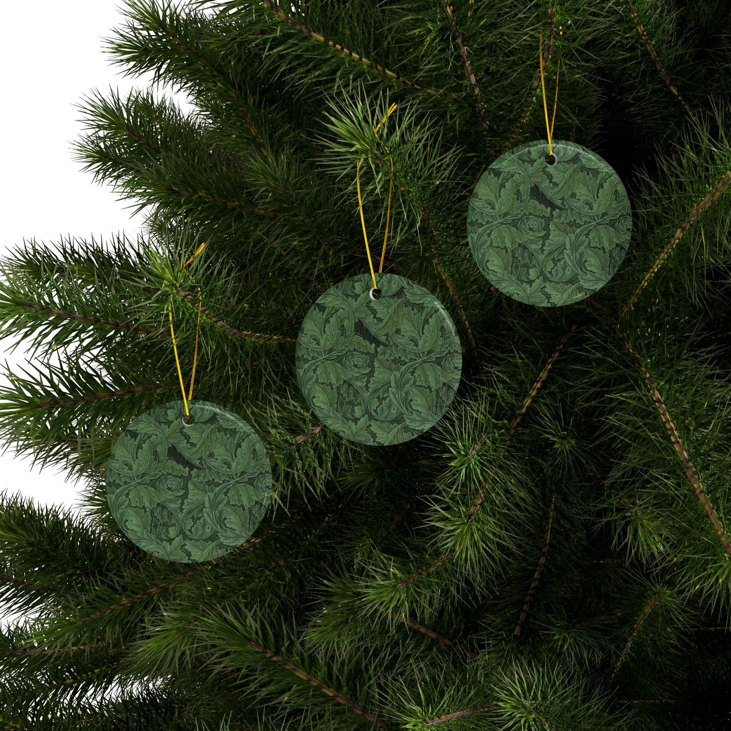 Ceramic Christmas Ornaments inspired by William Morris - Acanthus Collection (Green) - Double Sided Print: 1pc, 3pcs, 5pcs, 10pcs