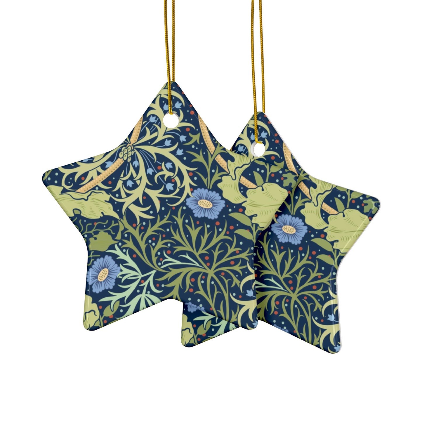 Ceramic Christmas Ornaments inspired by William Morris - Seaweed Collection (Blue Flower) - Double Sided Print: 1pc, 3pcs, 5pcs, 10pcs