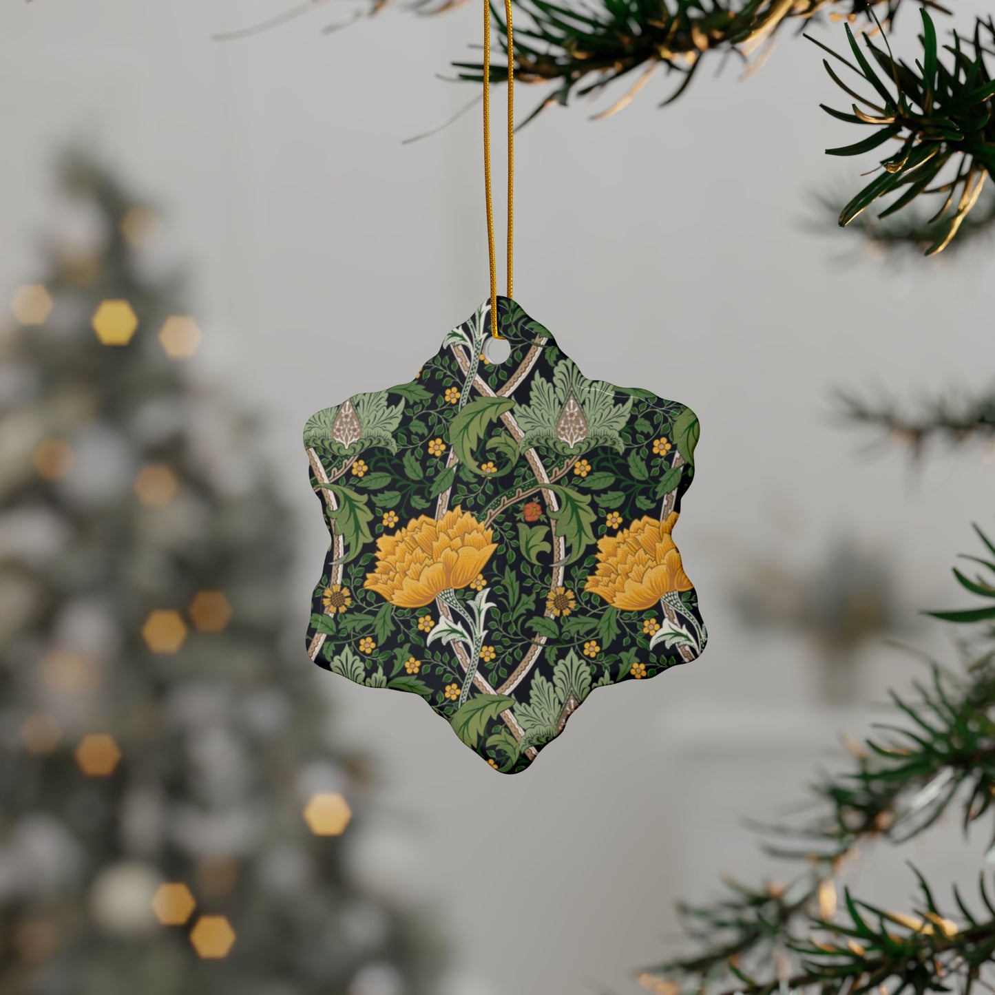 Ceramic Christmas Ornaments inspired by William Morris - Chrysanthemum Collection (Yellow) - Double Sided Print: 1pc, 3pcs, 5pcs, 10pcs