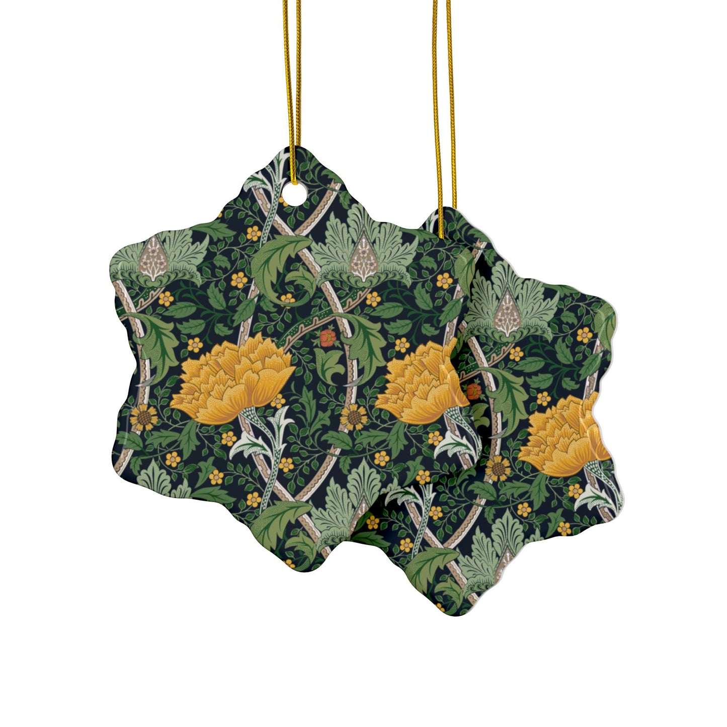 Ceramic Christmas Ornaments inspired by William Morris - Chrysanthemum Collection (Yellow) - Double Sided Print: 1pc, 3pcs, 5pcs, 10pcs