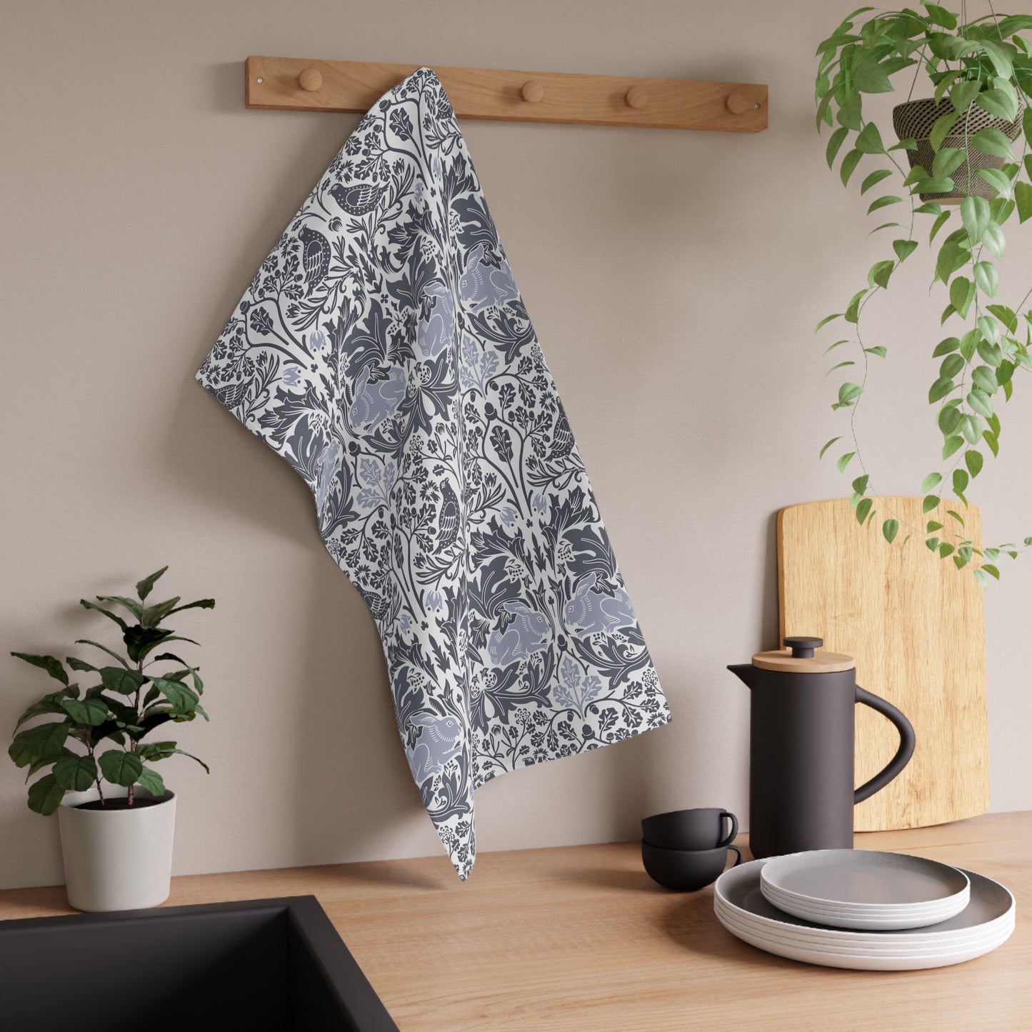Kitchen Tea Towel inspired by William Morris - Brer Rabbit Collection (Grey)