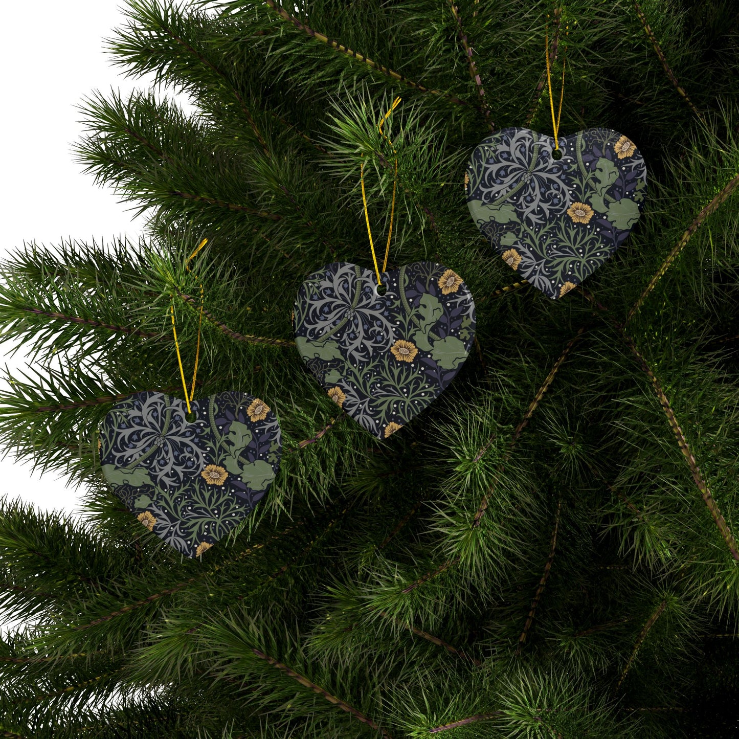 Ceramic Christmas Ornaments inspired by William Morris - Seaweed Collection (Yellow Flower) - Double Sided Print: 1pc, 3pcs, 5pcs, 10pcs