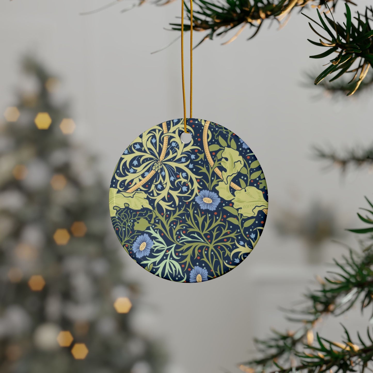 Ceramic Christmas Ornaments inspired by William Morris - Seaweed Collection (Blue Flower) - Double Sided Print: 1pc, 3pcs, 5pcs, 10pcs