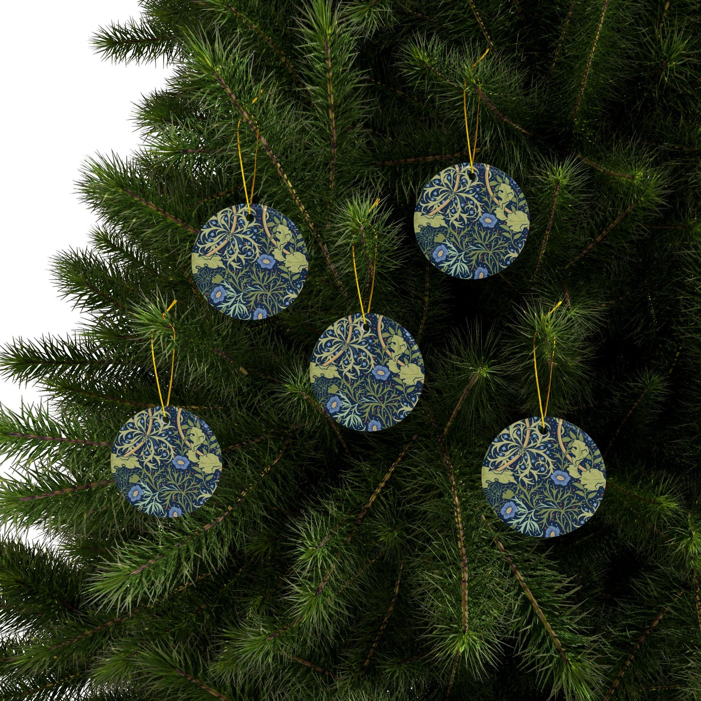 Ceramic Christmas Ornaments inspired by William Morris - Seaweed Collection (Blue Flower) - Double Sided Print: 1pc, 3pcs, 5pcs, 10pcs