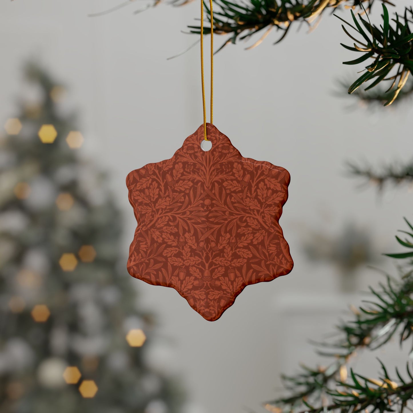 Ceramic Christmas Ornaments inspired by William Morris - Acorn & Oak Leaves (Rust) Collection - Double Sided Print: 1pc, 3pcs, 5pcs, 10pcs