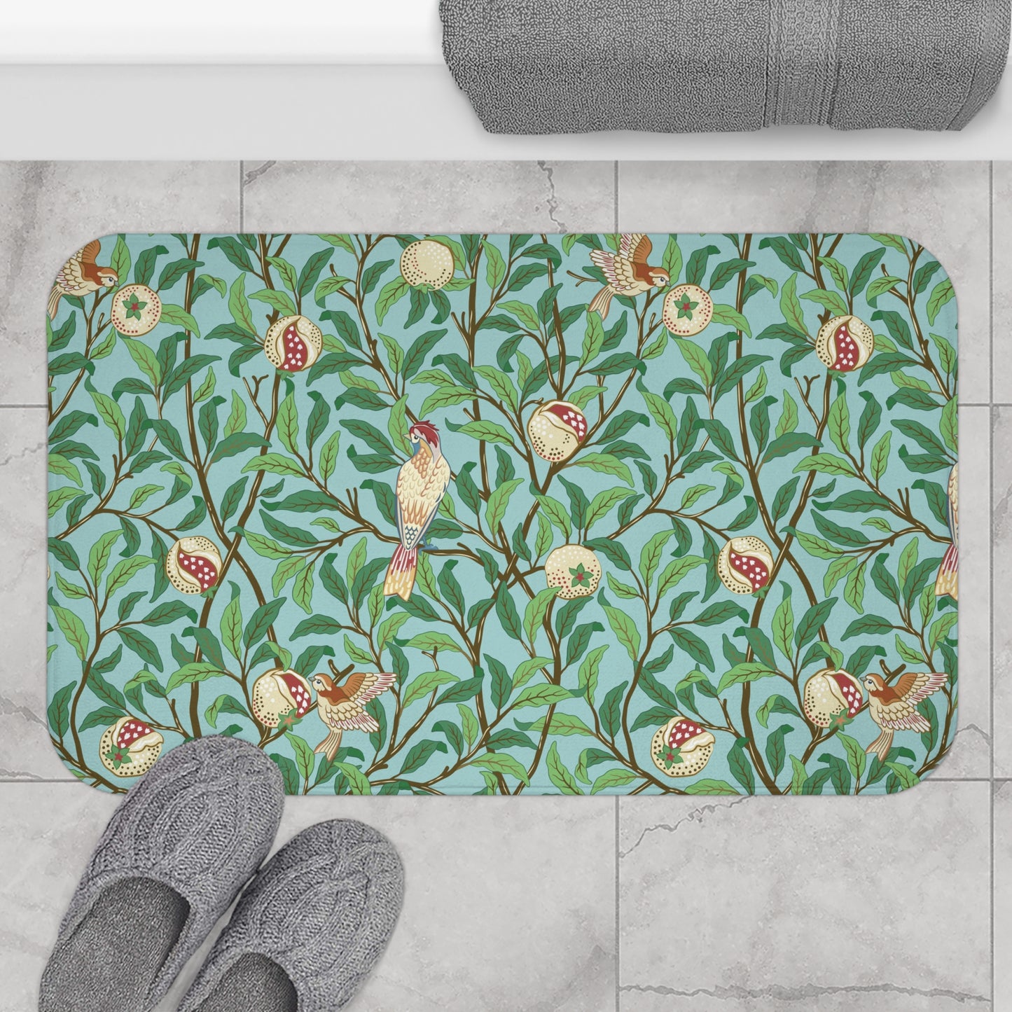 Microfibre Bath Mat inspired by William Morris - Bird & Pomegranate Collection (Tiffany Blue)