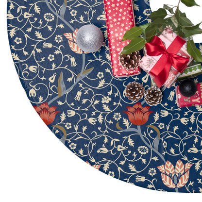 Floral Navy Christmas Tree Skirt – Vintage Tulip Holiday Tree Mat