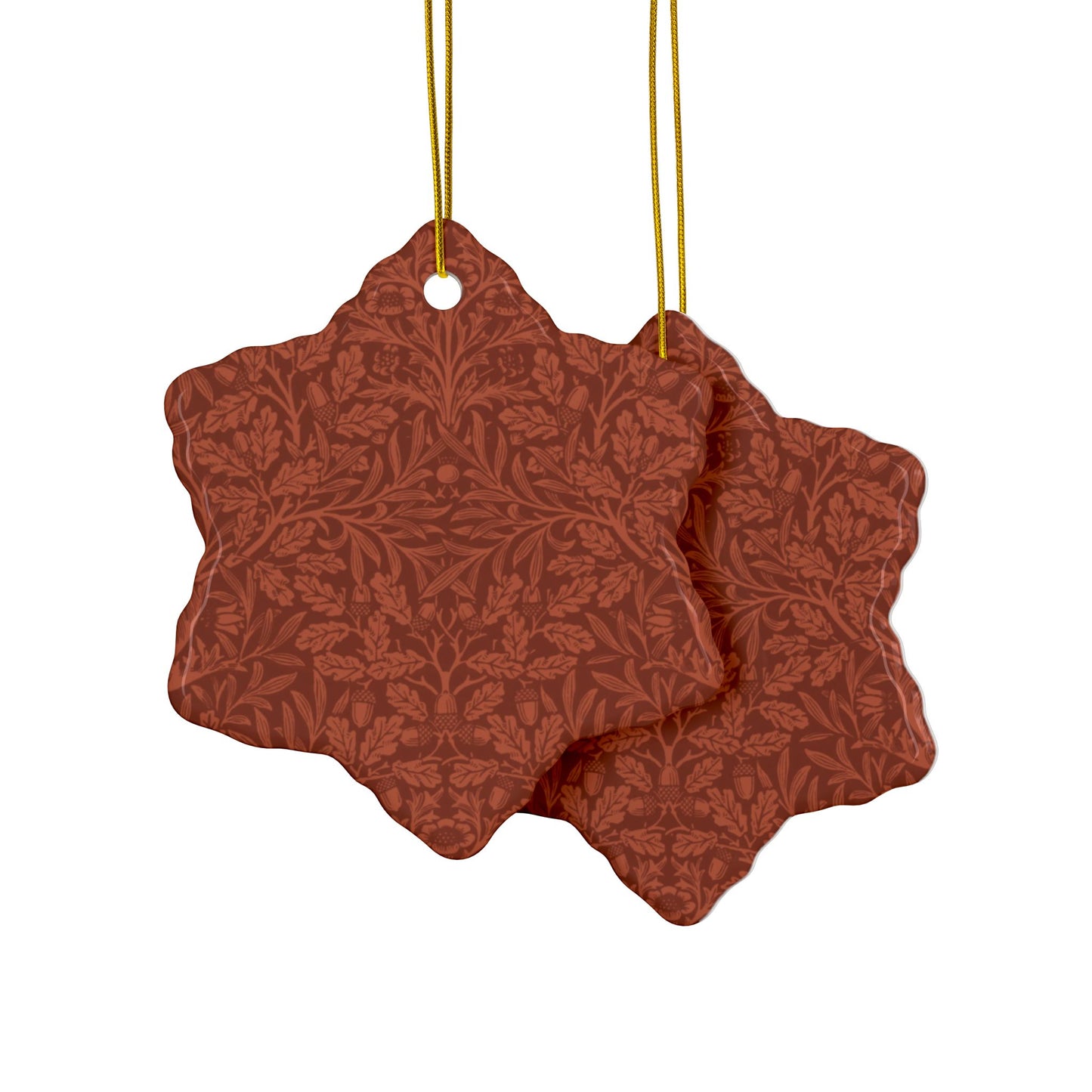 Ceramic Christmas Ornaments inspired by William Morris - Acorn & Oak Leaves (Rust) Collection - Double Sided Print: 1pc, 3pcs, 5pcs, 10pcs