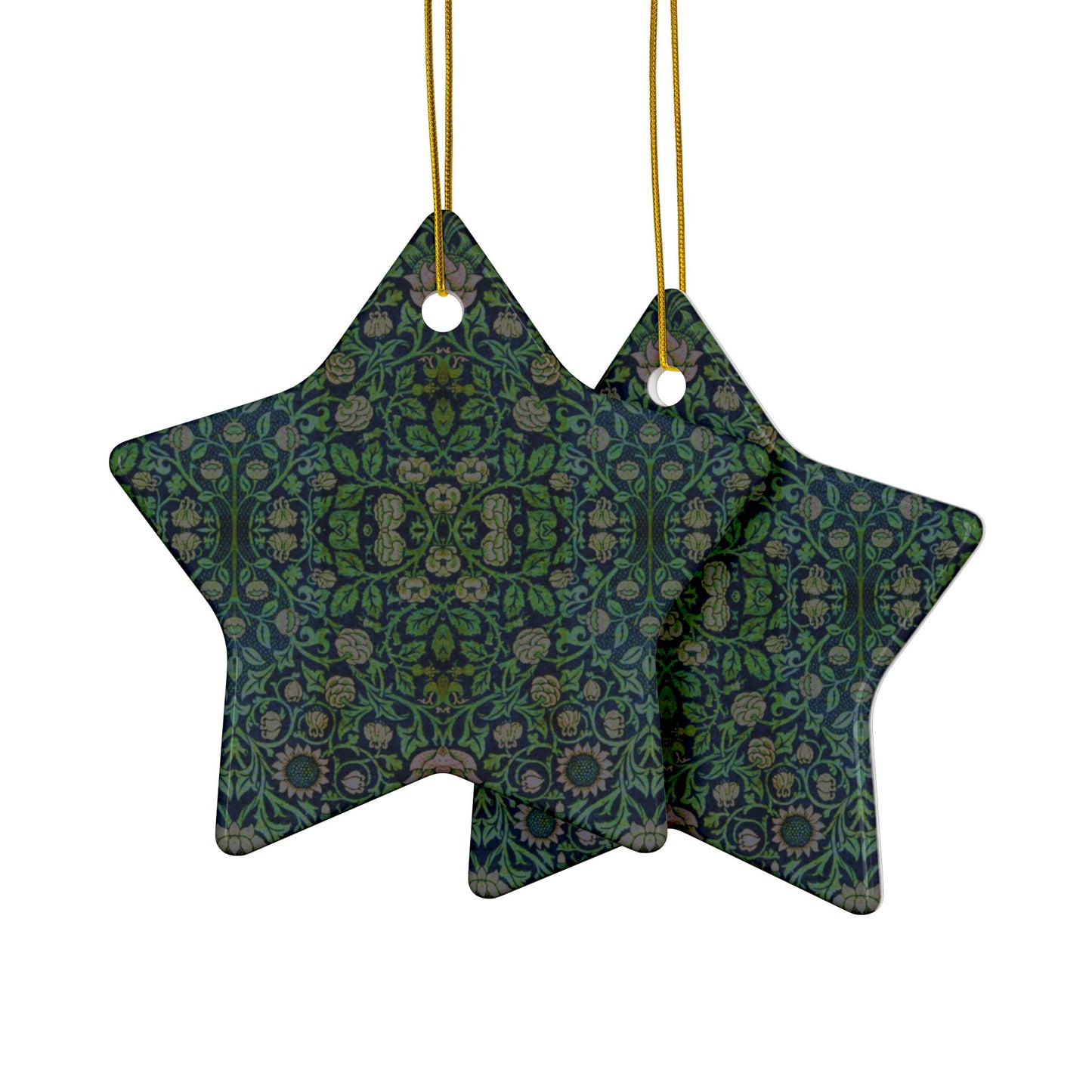 Ceramic Christmas Ornaments inspired by William Morris - Violet & Columbine Collection (Green) - Double Sided Print: 1pc, 3pcs, 5pcs, 10pcs