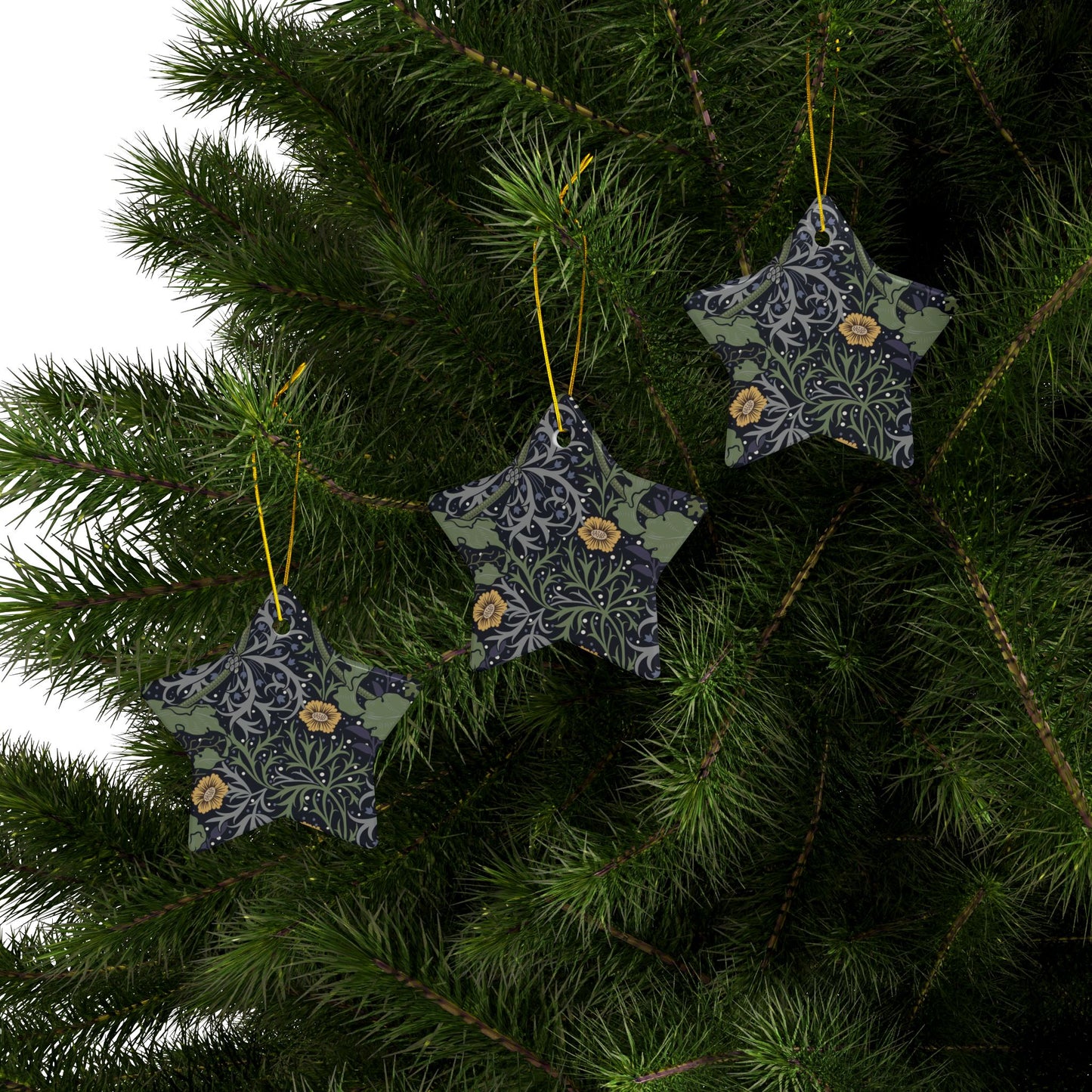 Ceramic Christmas Ornaments inspired by William Morris - Seaweed Collection (Yellow Flower) - Double Sided Print: 1pc, 3pcs, 5pcs, 10pcs