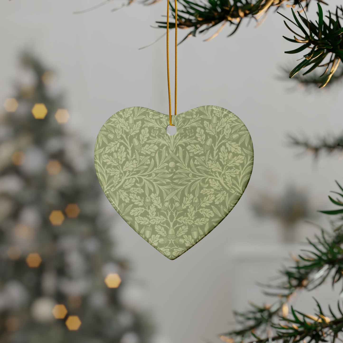 Ceramic Christmas Ornaments inspired by William Morris - Acorn & Oak Leaves (Green) Collection - Double Sided Print: 1pc, 3pcs, 5pcs, 10pcs