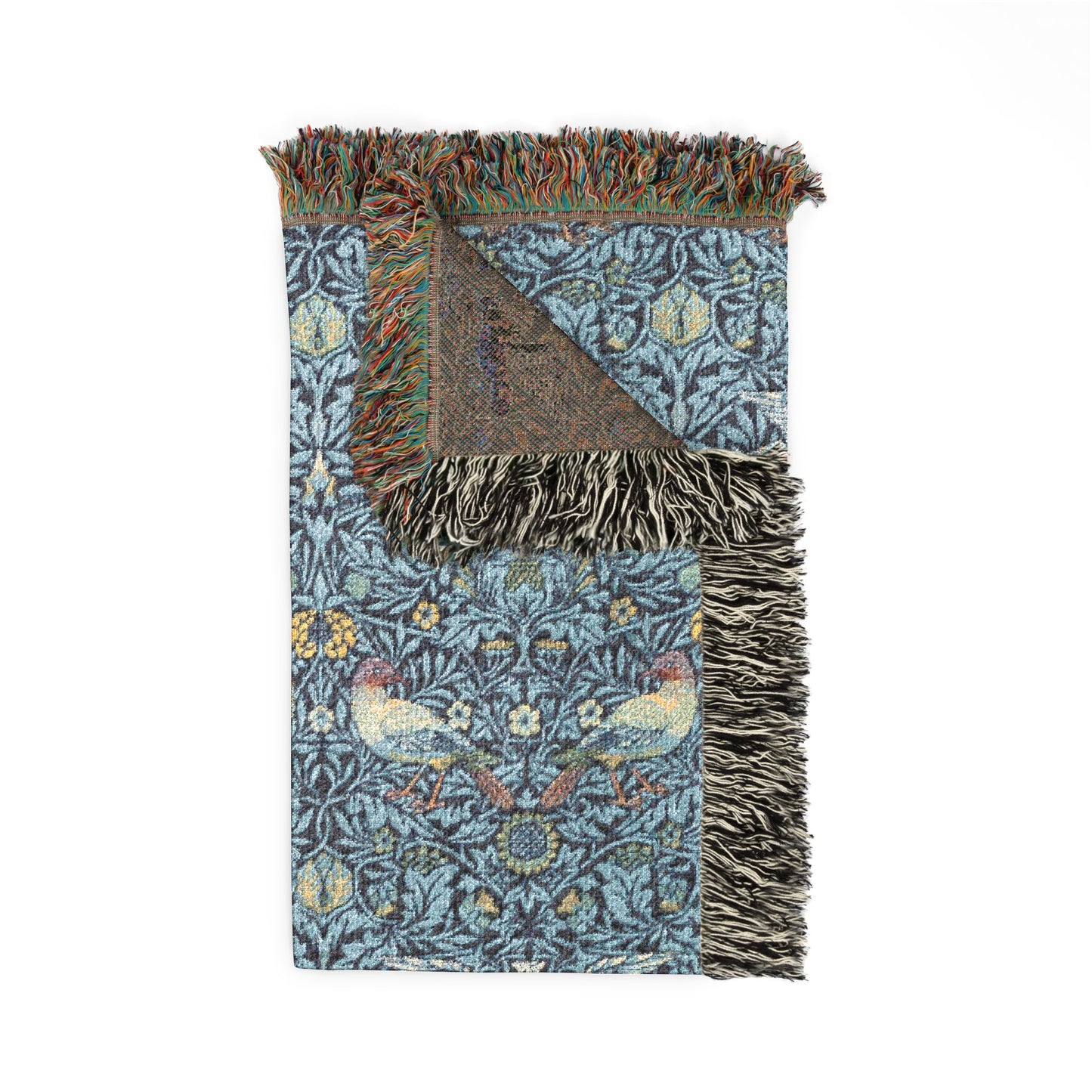 Woven Cotton Blanket inspired by William Morris - Bird Collection (Blue)