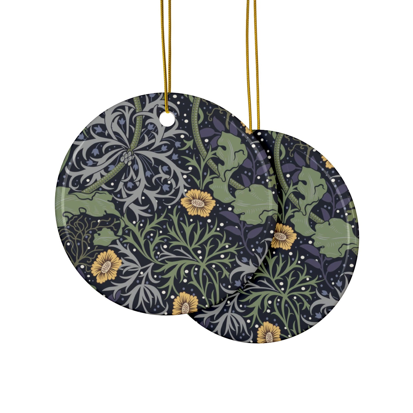 Ceramic Christmas Ornaments inspired by William Morris - Seaweed Collection (Yellow Flower) - Double Sided Print: 1pc, 3pcs, 5pcs, 10pcs