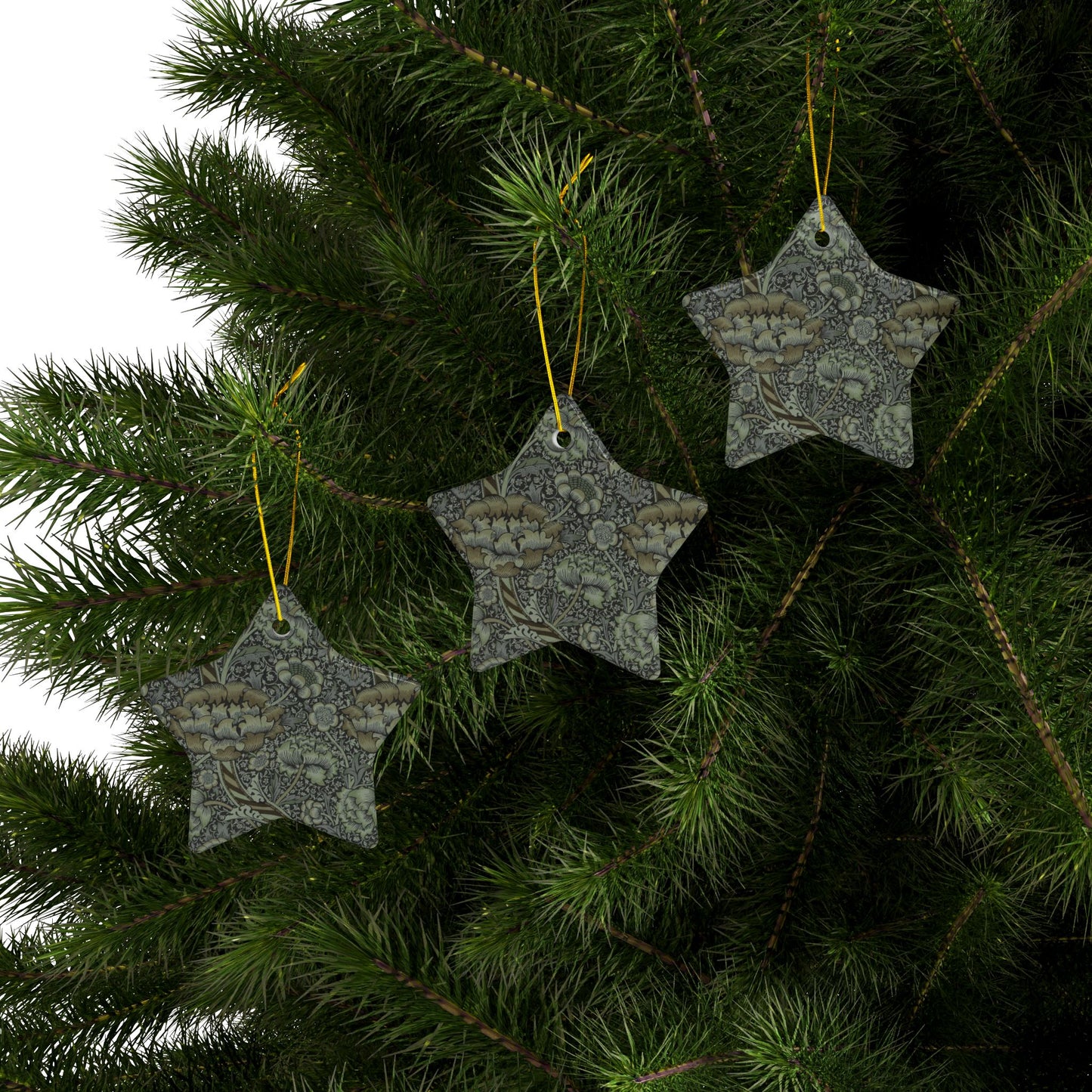 Ceramic Christmas Ornaments inspired by William Morris - Wandle Collection (Grey) - Double Sided Print: 1pc, 3pcs, 5pcs, 10pcs