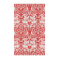 A rectangular tea towel featuring a classic red and white botanical pattern with stylised leaves and small birds, shown flat against a white background.