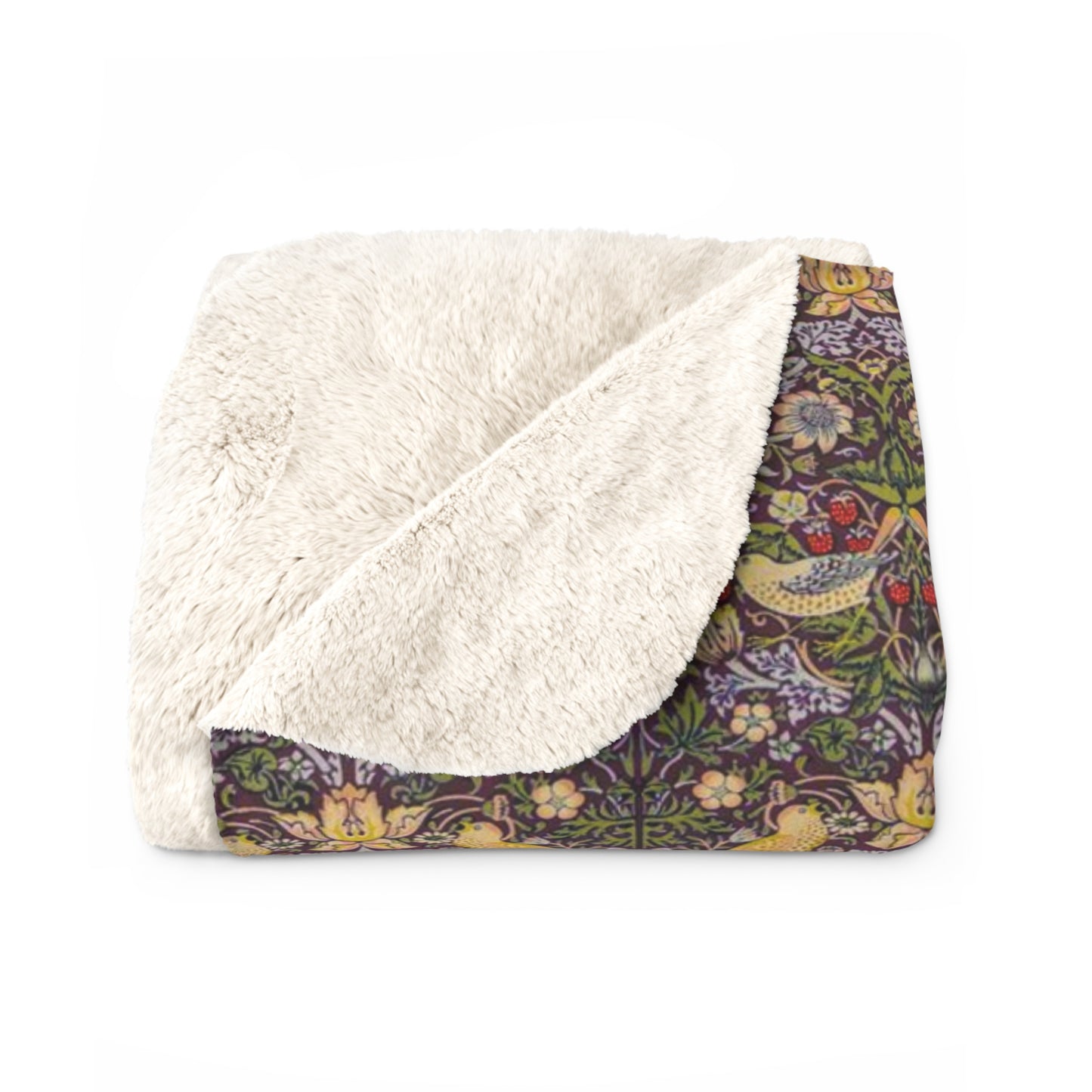 William Morris & Co Sherpa Fleece Blanket - Strawberry Thief Collection (Damson)