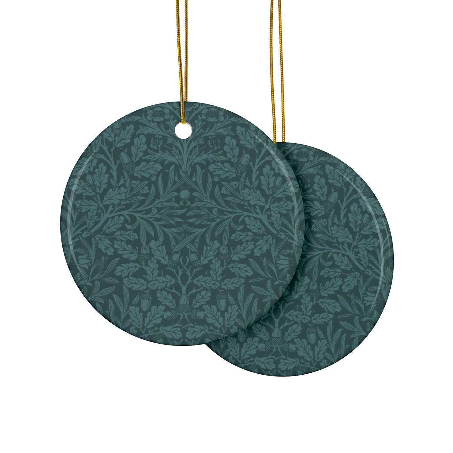 Ceramic Christmas Ornaments inspired by William Morris - Acorn & Oak Leaves (Teal) Collection - Double Sided Print: 1pc, 3pcs, 5pcs, 10pcs