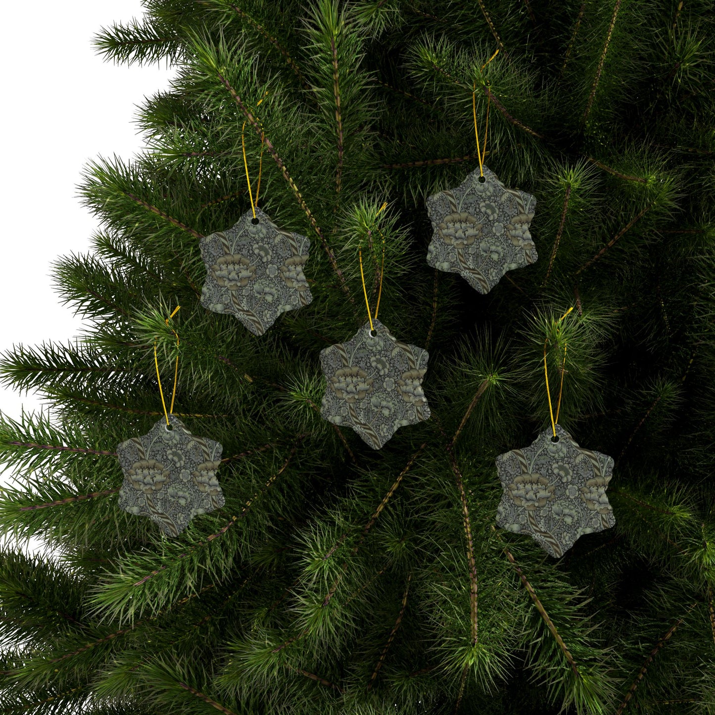 Ceramic Christmas Ornaments inspired by William Morris - Wandle Collection (Grey) - Double Sided Print: 1pc, 3pcs, 5pcs, 10pcs