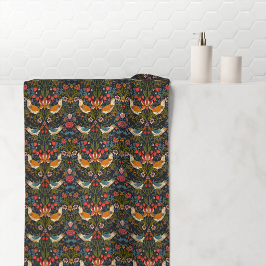 Bath Towel inspired by William Morris - Strawberry Thief Collection (Ebony)