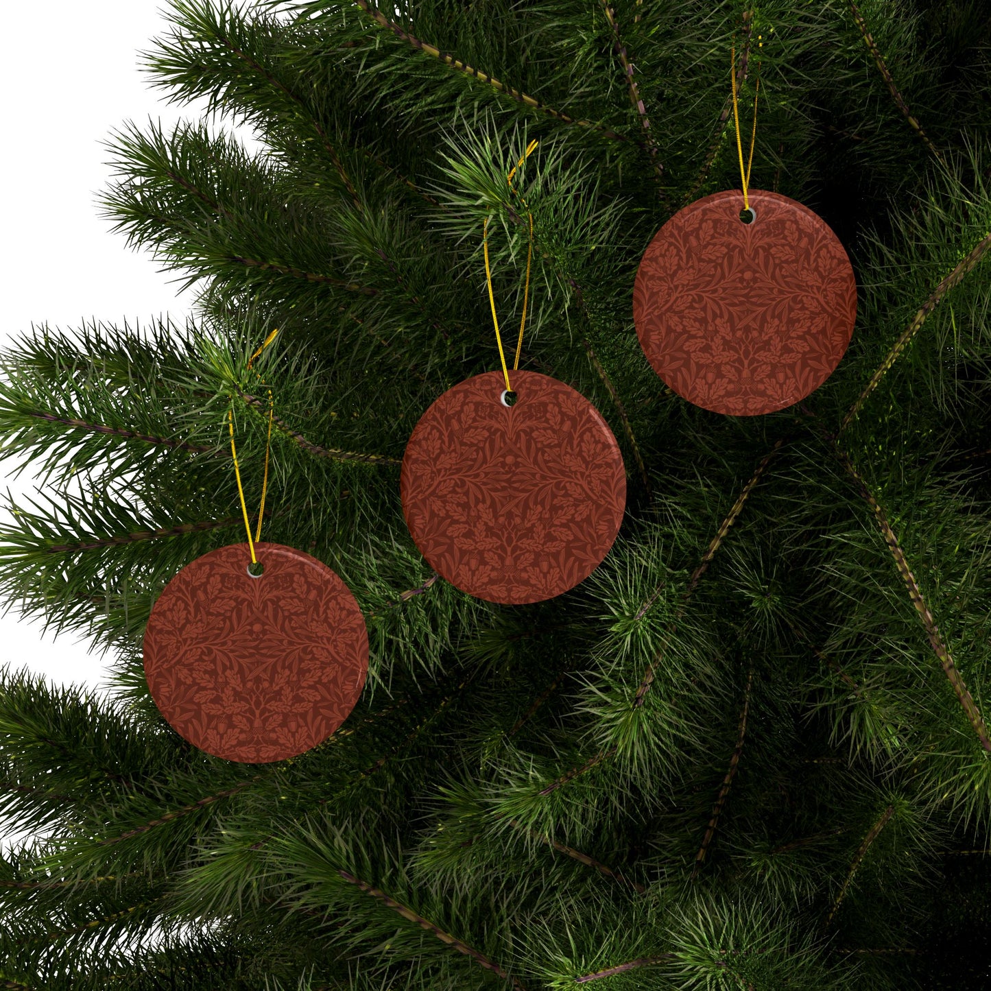 Ceramic Christmas Ornaments inspired by William Morris - Acorn & Oak Leaves (Rust) Collection - Double Sided Print: 1pc, 3pcs, 5pcs, 10pcs