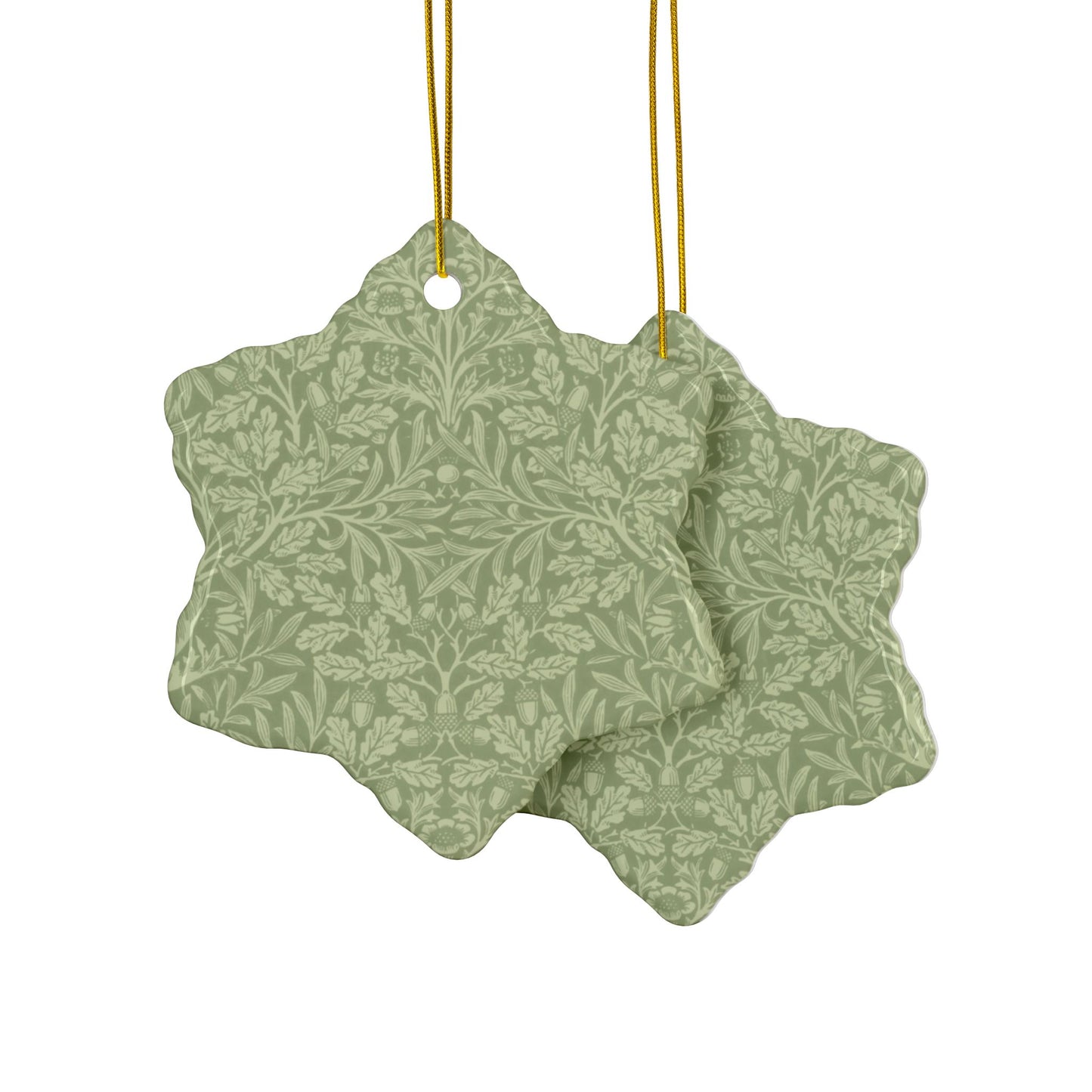 Ceramic Christmas Ornaments inspired by William Morris - Acorn & Oak Leaves (Green) Collection - Double Sided Print: 1pc, 3pcs, 5pcs, 10pcs