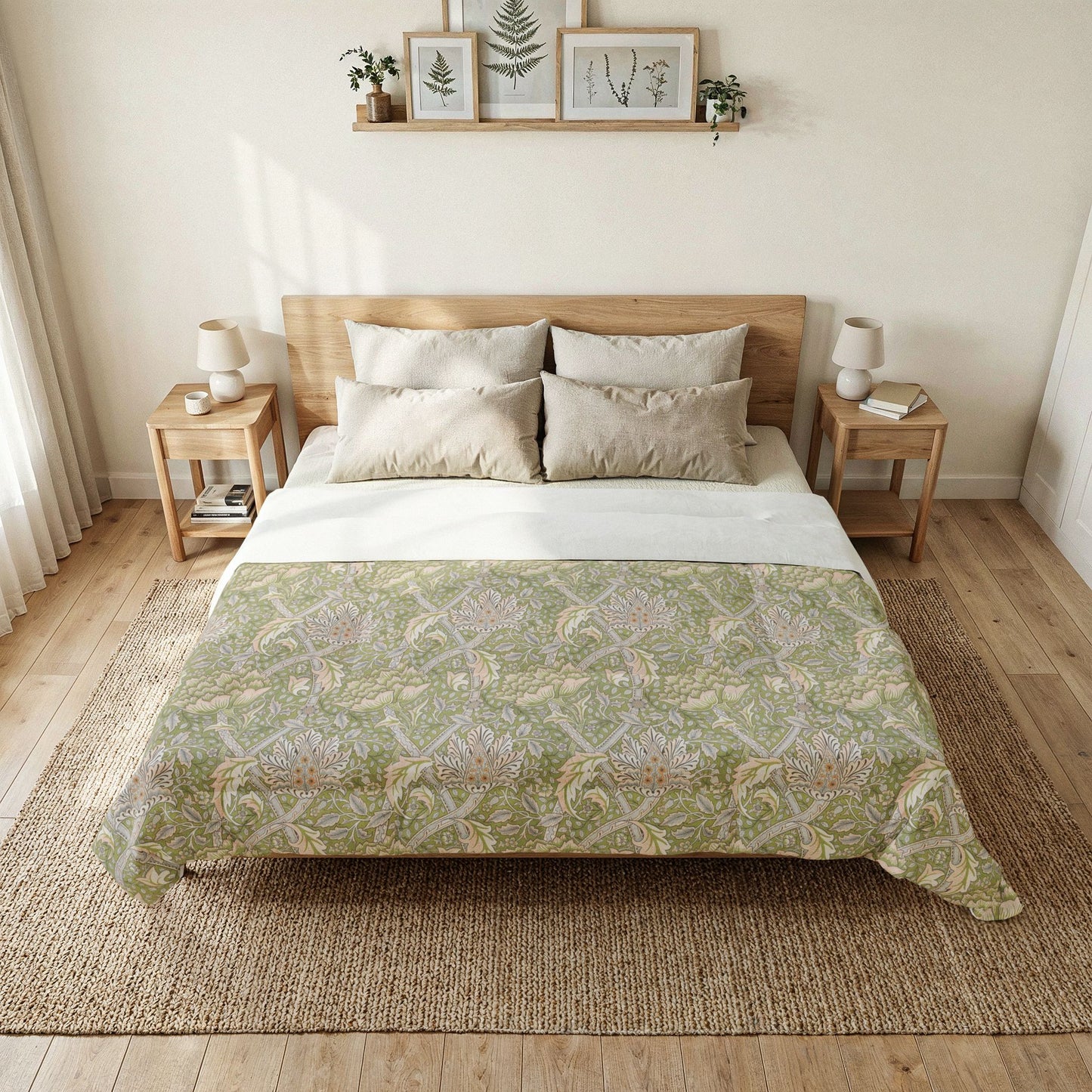 Floral Vine Cotton Comforter — Sage Green Botanical Duvet Cover
