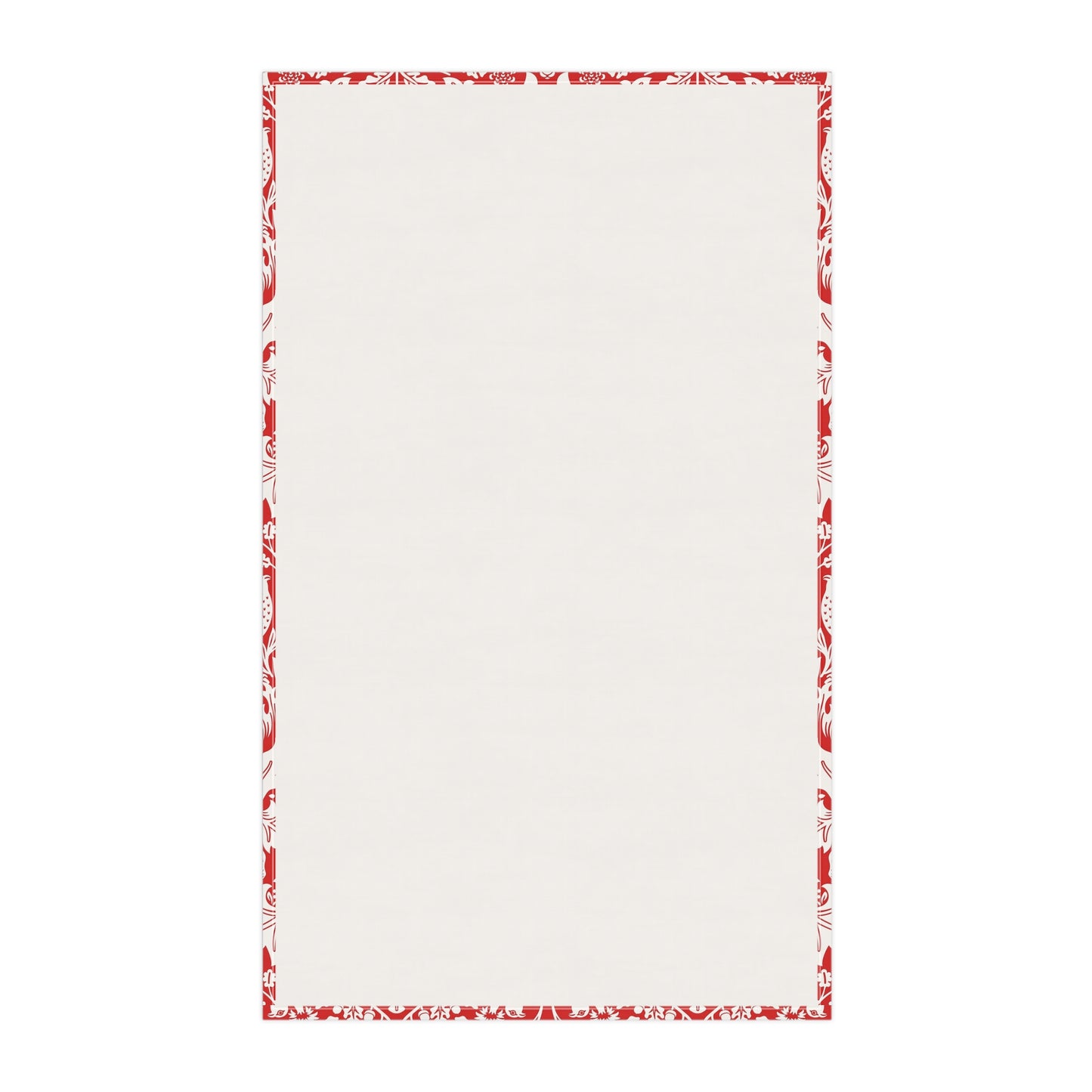 A rectangular cream-coloured tea towel with a decorative red border pattern along all four edges, shown flat against a solid white background.