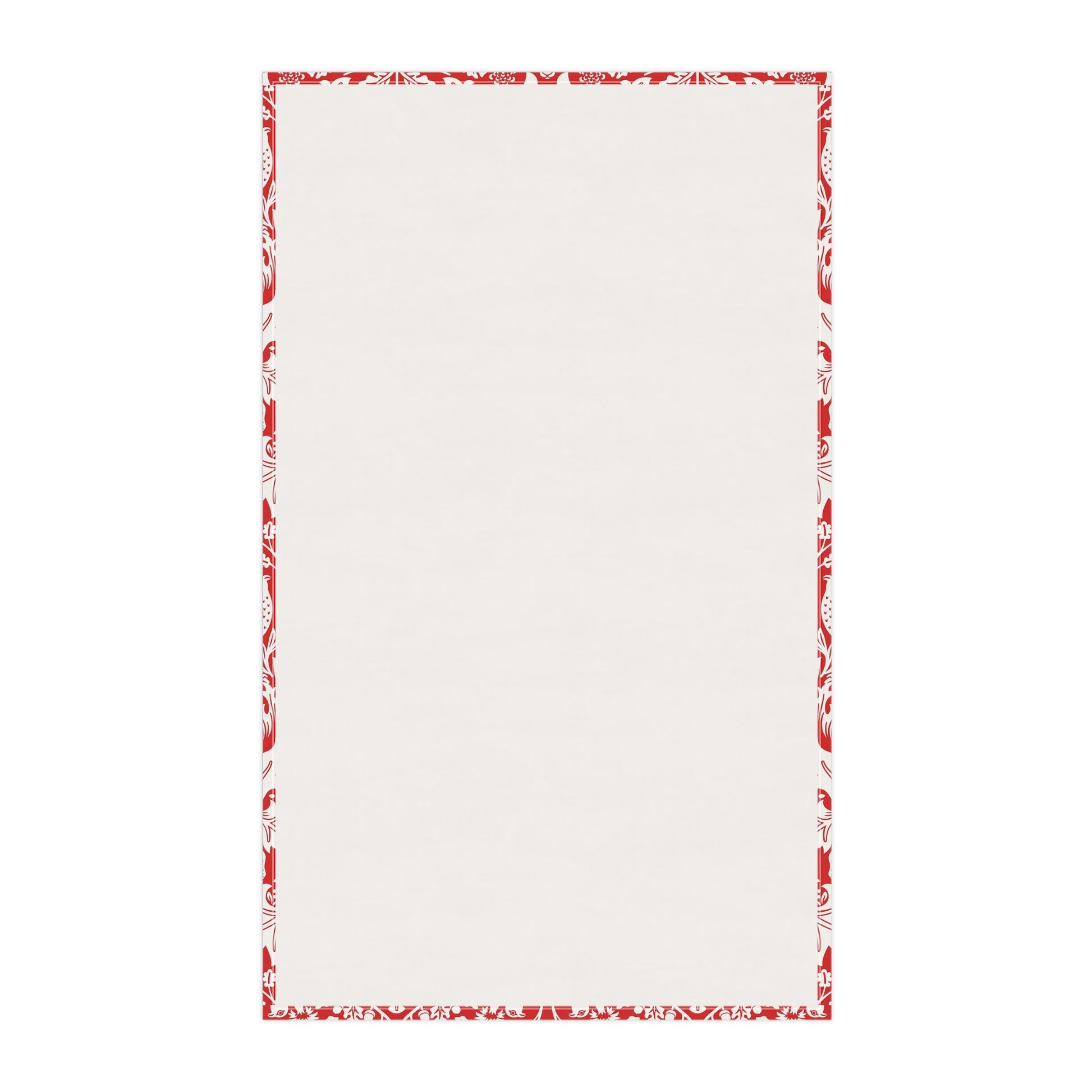 A rectangular cream-coloured tea towel with a decorative red border pattern along all four edges, shown flat against a solid white background.