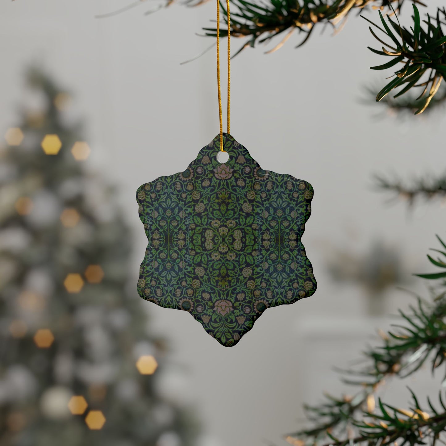 Ceramic Christmas Ornaments inspired by William Morris - Violet & Columbine Collection (Green) - Double Sided Print: 1pc, 3pcs, 5pcs, 10pcs