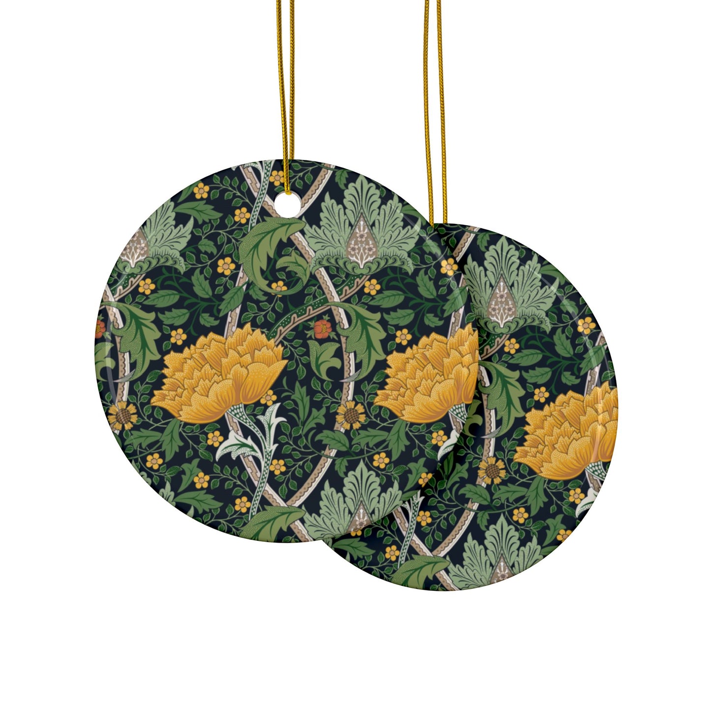 Ceramic Christmas Ornaments inspired by William Morris - Chrysanthemum Collection (Yellow) - Double Sided Print: 1pc, 3pcs, 5pcs, 10pcs